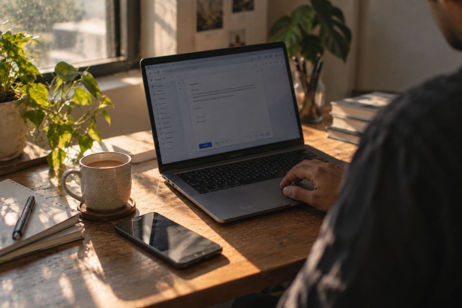 A laptop with an email being written beside a cup of tea.