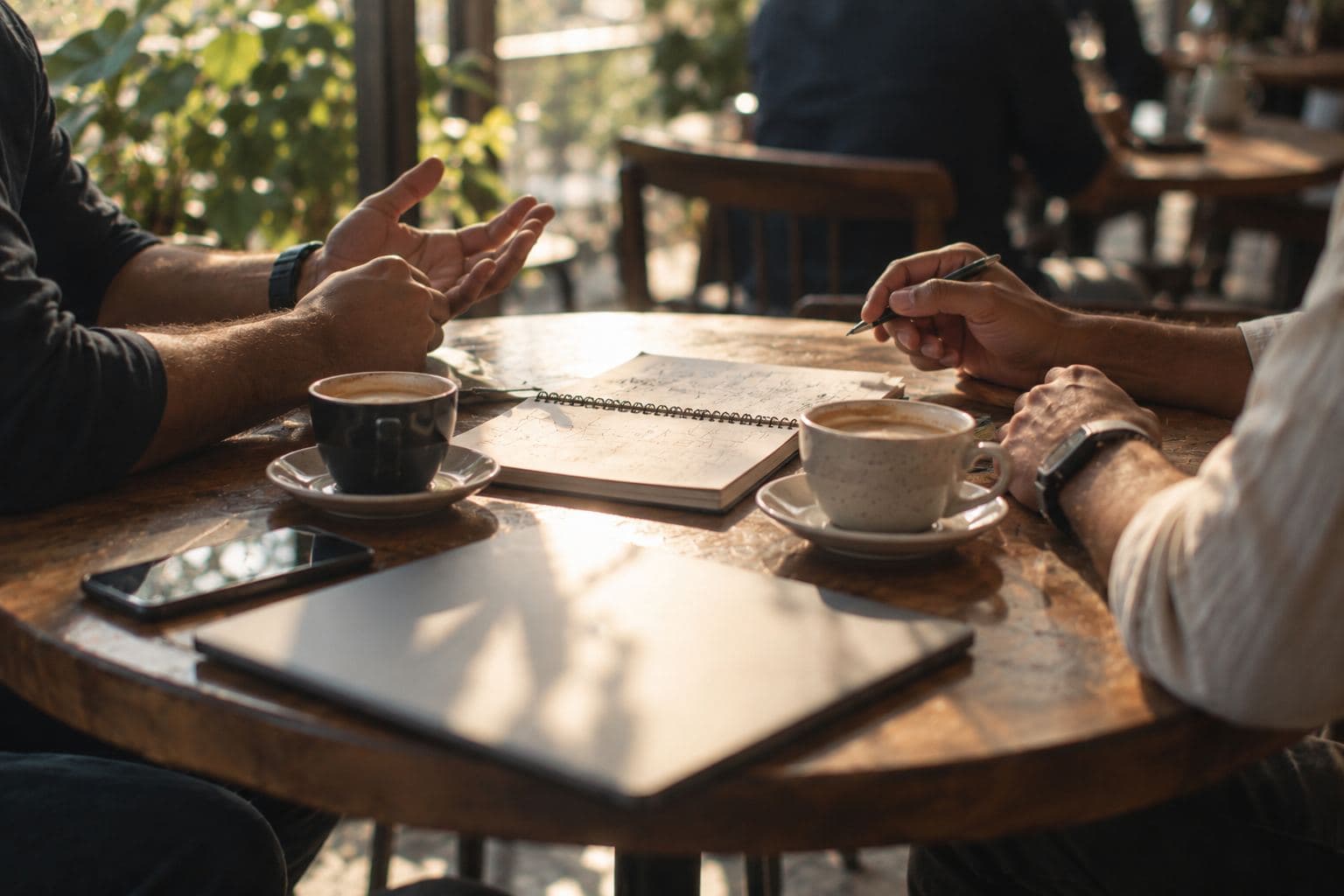 Two people in conversation across a cafe table, hands only.