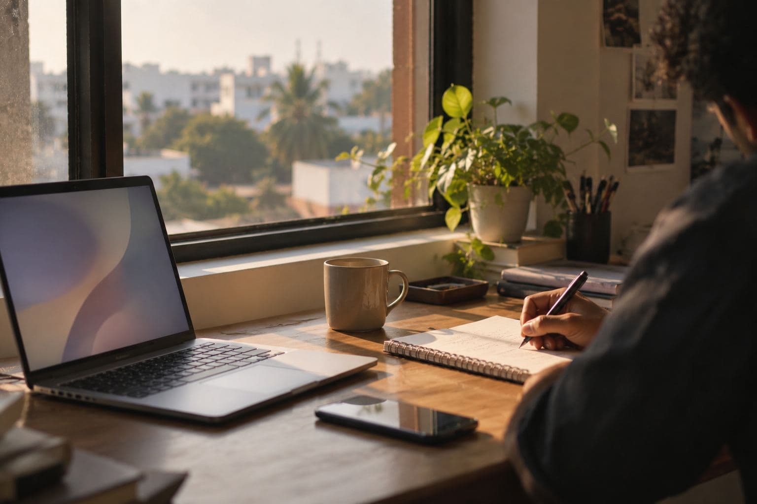 A hand writing a note on a notepad beside a laptop by a window.