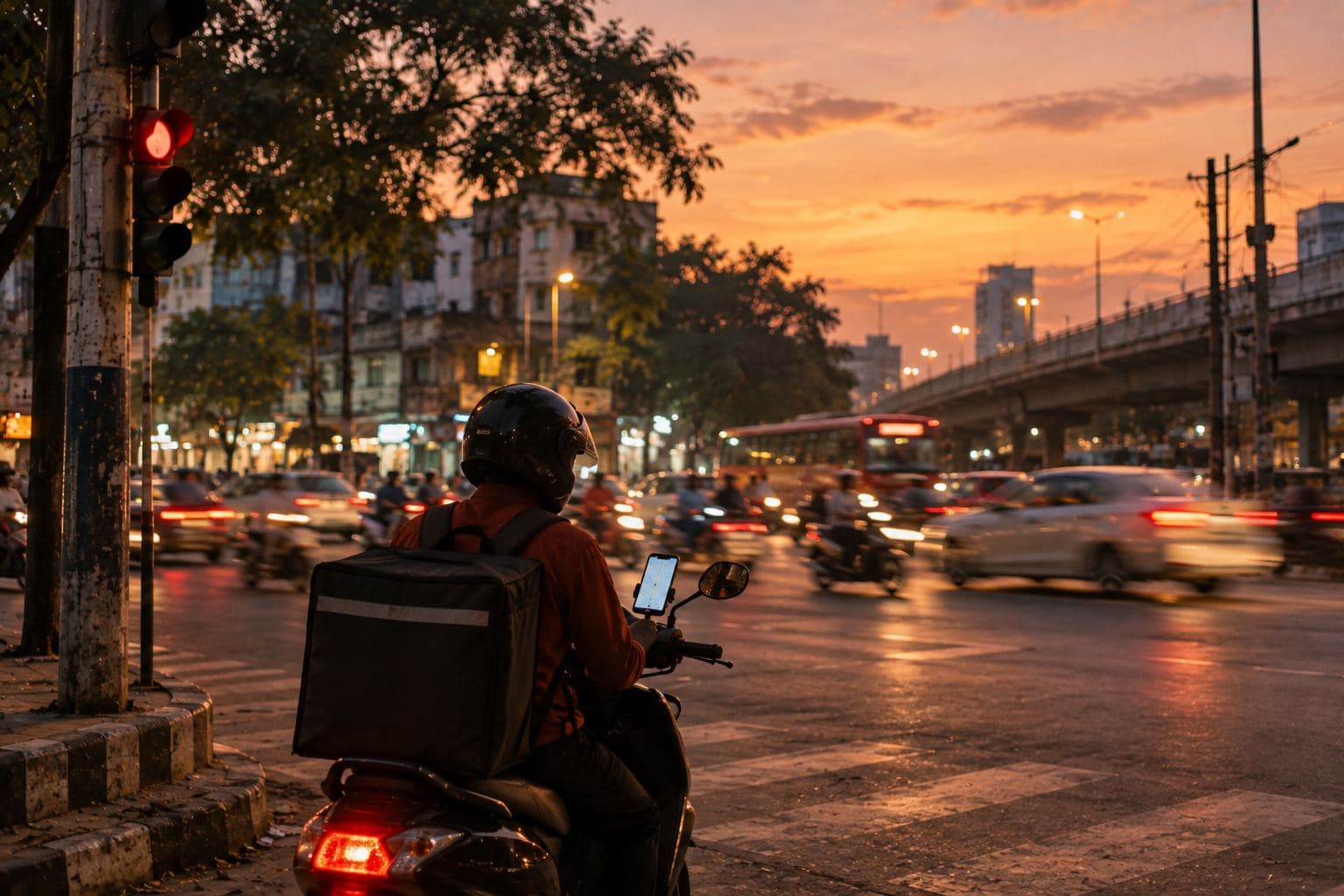 A delivery rider pausing at a crossroads at dusk to check the route.