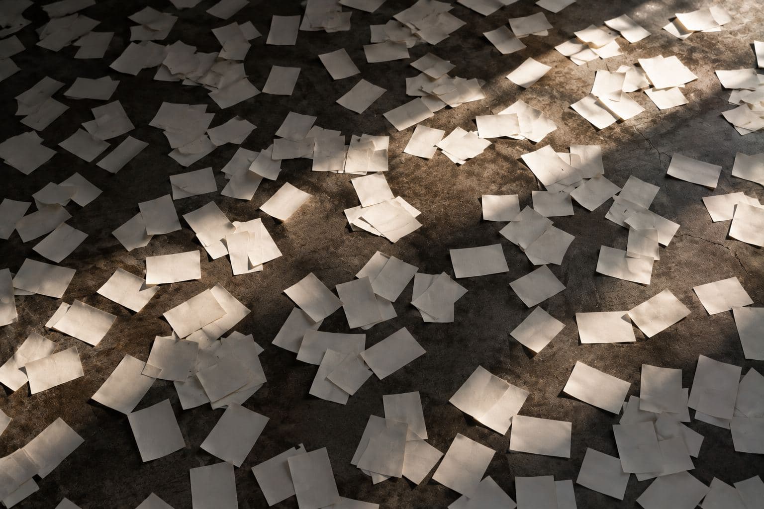Blank paper slips scattered across a dark floor.