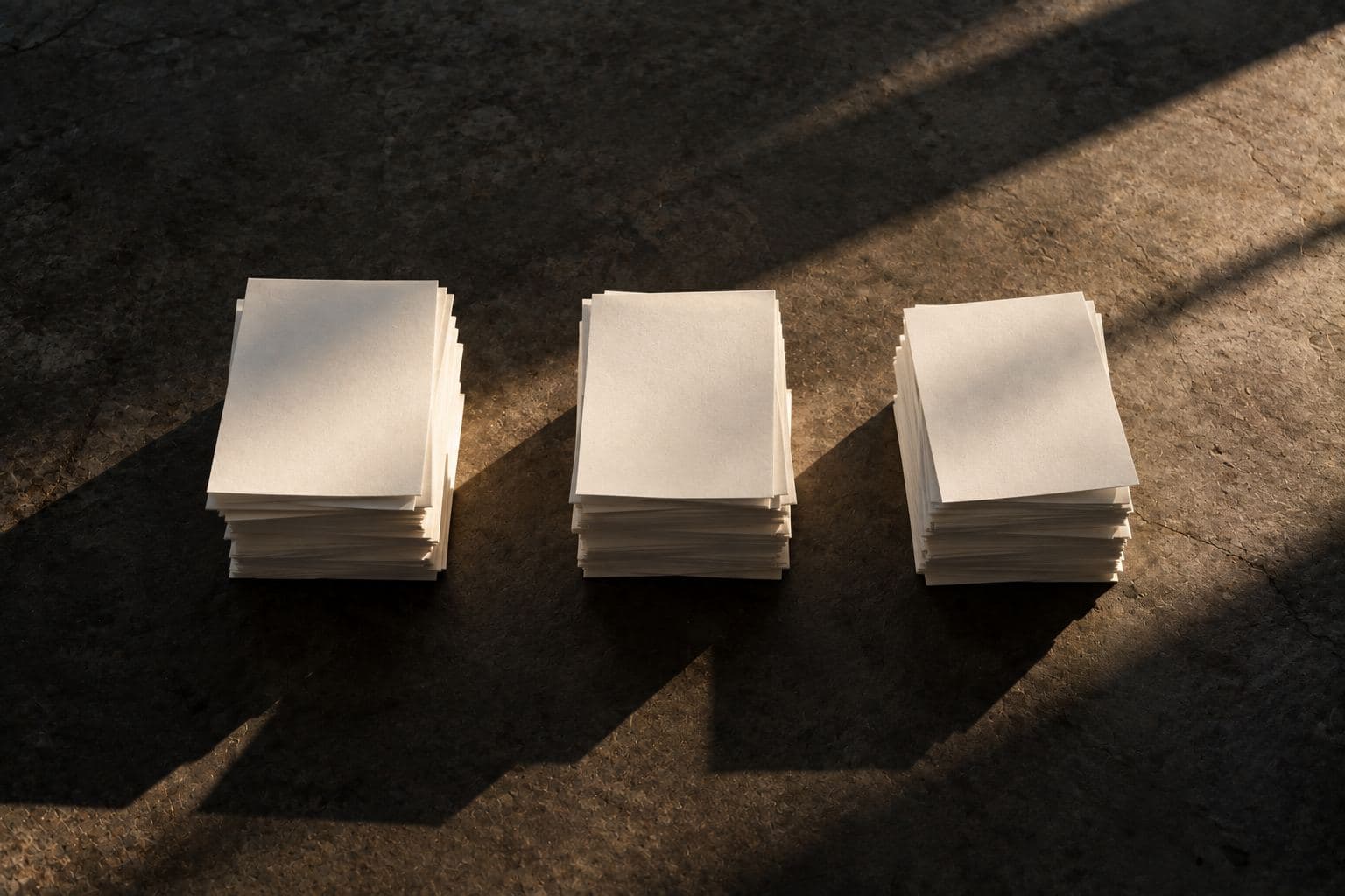 Paper slips sorted into three neat stacks.