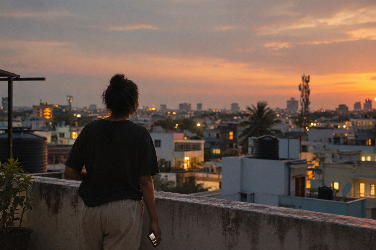 A woman on a rooftop at dusk looking out over a neighbourhood of lit windows.