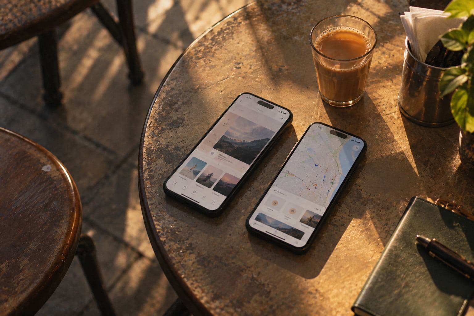 Two phones on a cafe table beside a glass of chai in the afternoon sun.