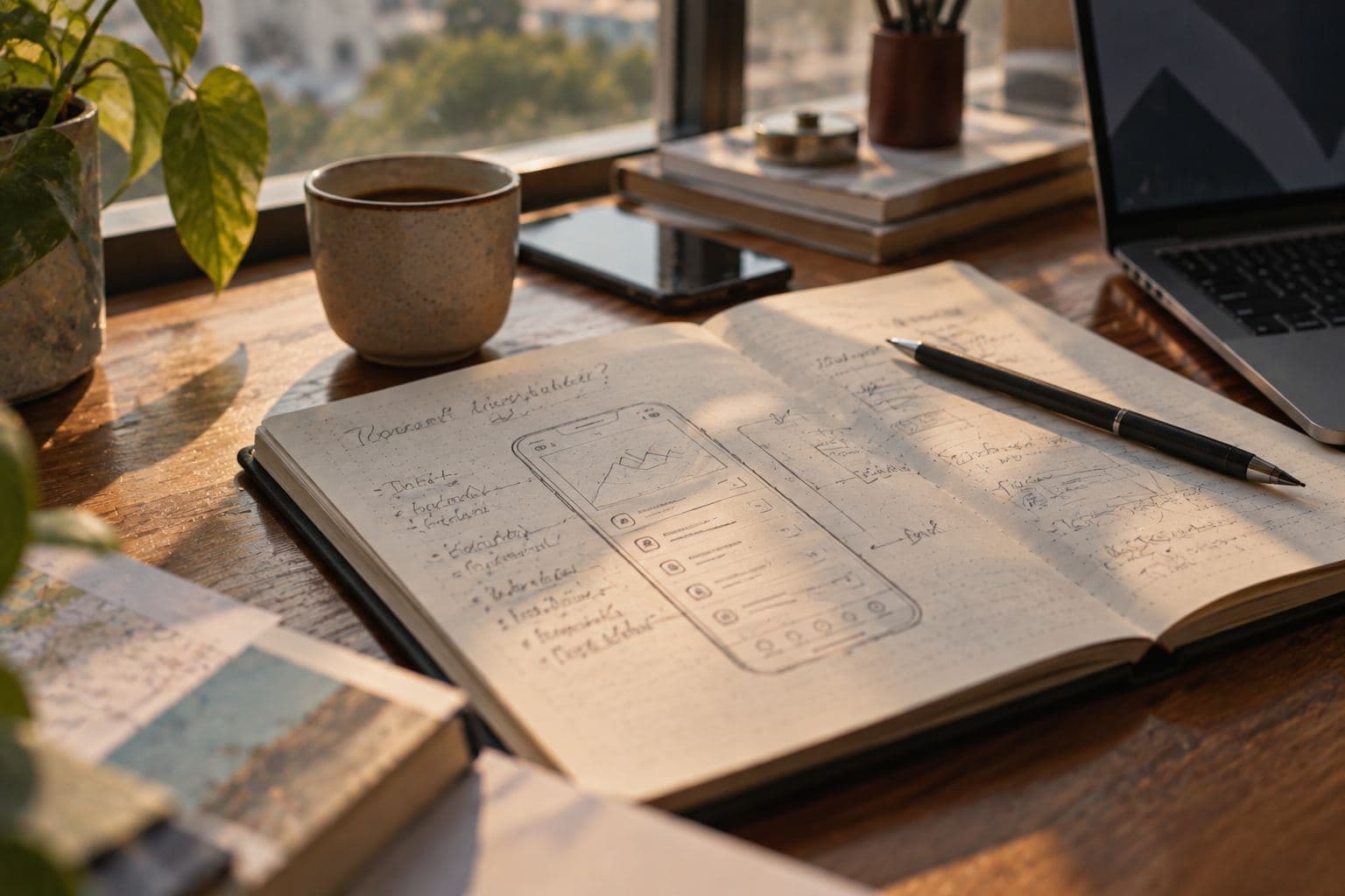An open notebook with a handwritten question and a pencil sketch of a phone screen.