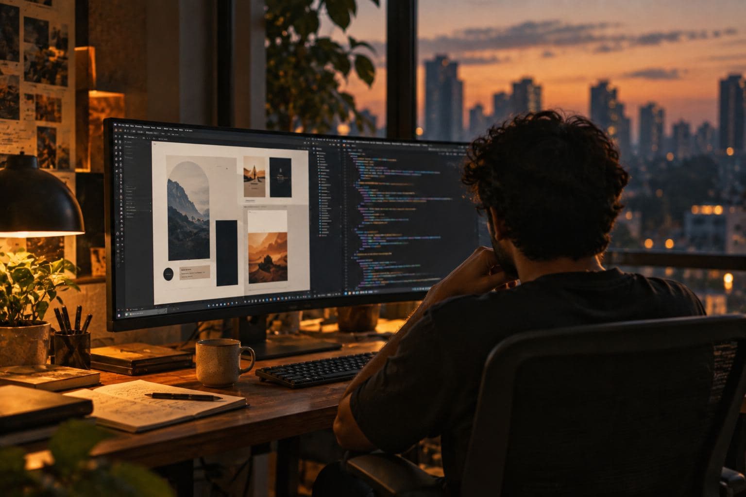 A designer seen from behind at a wide monitor showing a design canvas beside code.