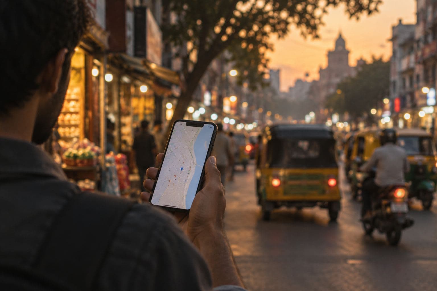 A hand holding up a phone with a map on a busy street at dusk.
