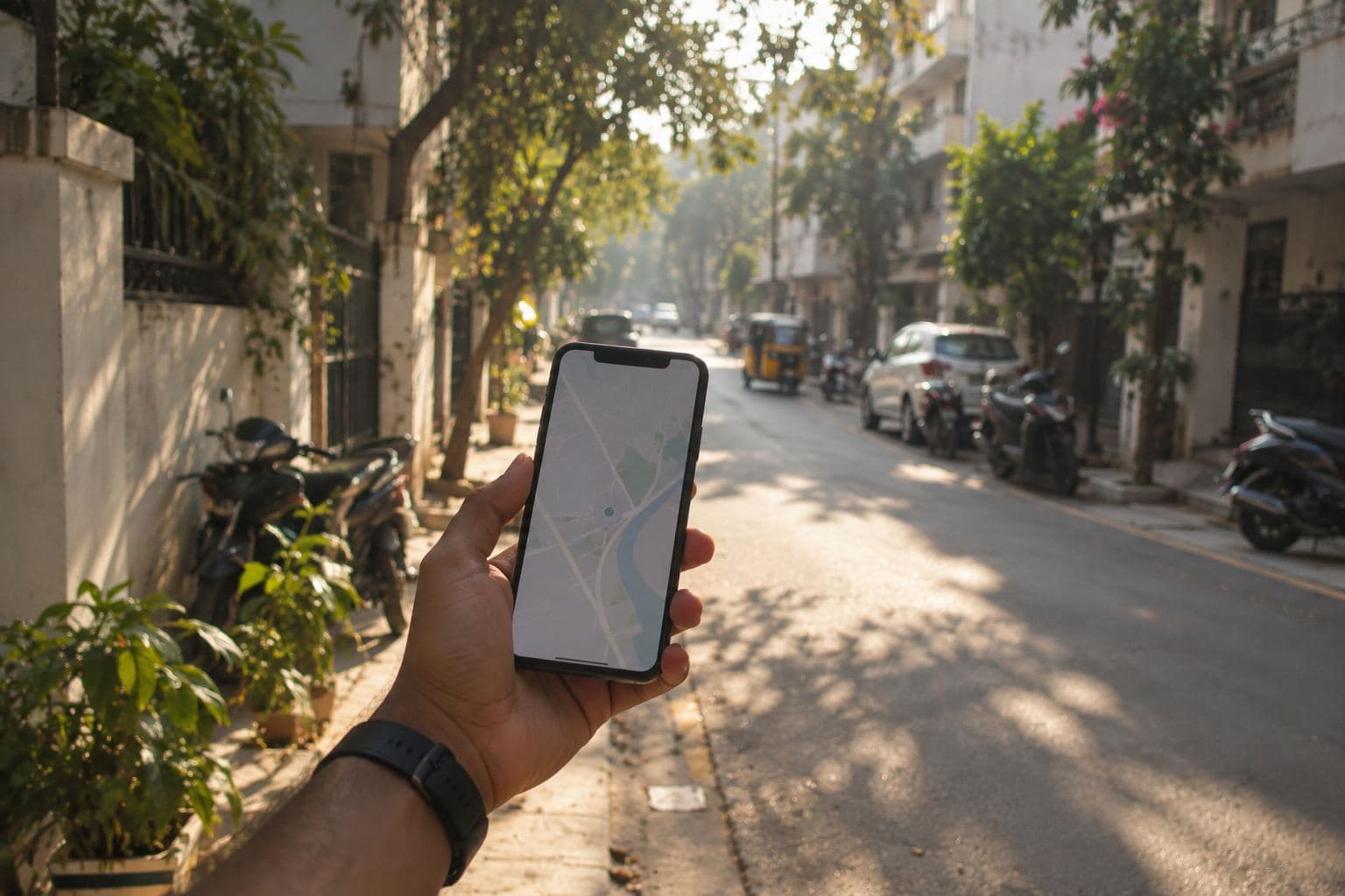 A phone held up on a street, its map matching the street behind it.