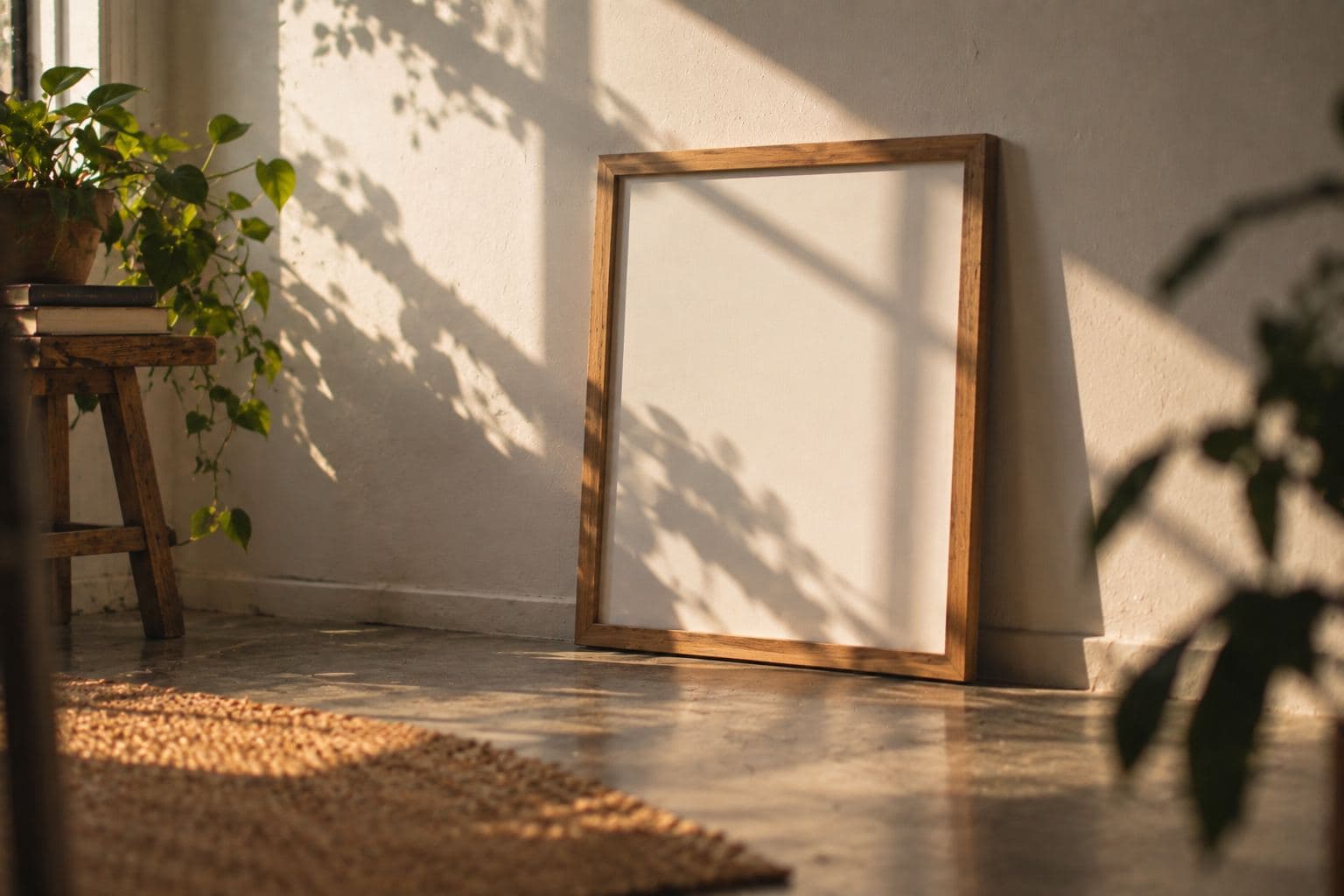 An empty picture frame leaning against a white wall.