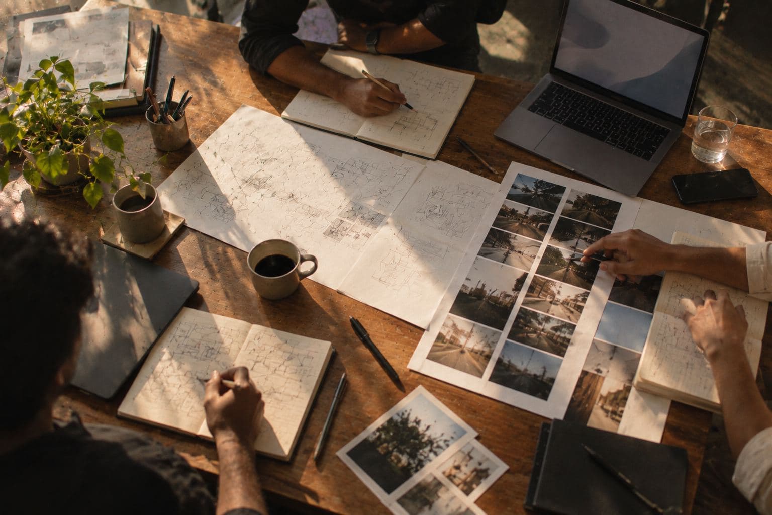 A shared table with sketches, a laptop and printed photographs, hands at work.