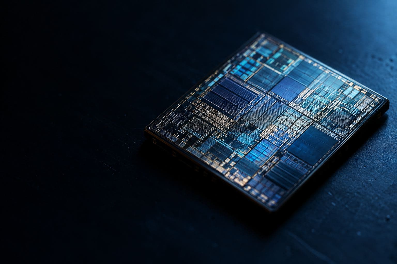 A computer chip in raking blue light.
