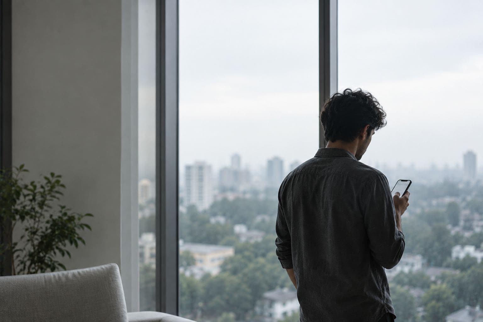 A person by a window reading one message on a phone.