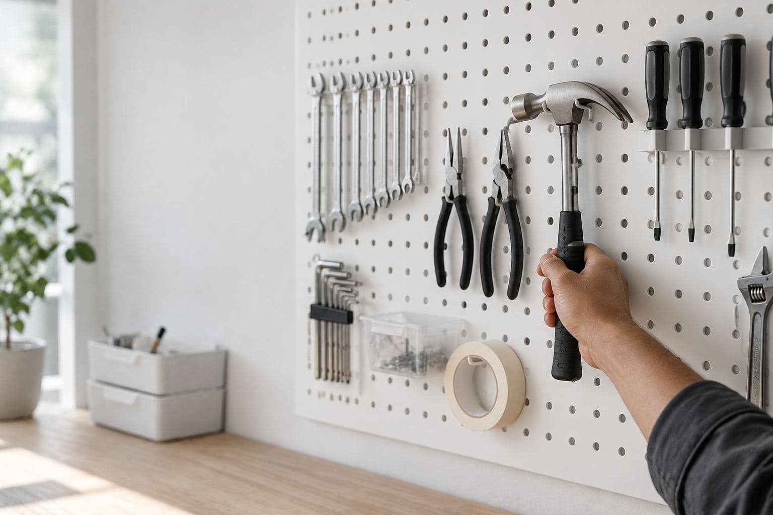 A hand taking one tool from a neat pegboard.