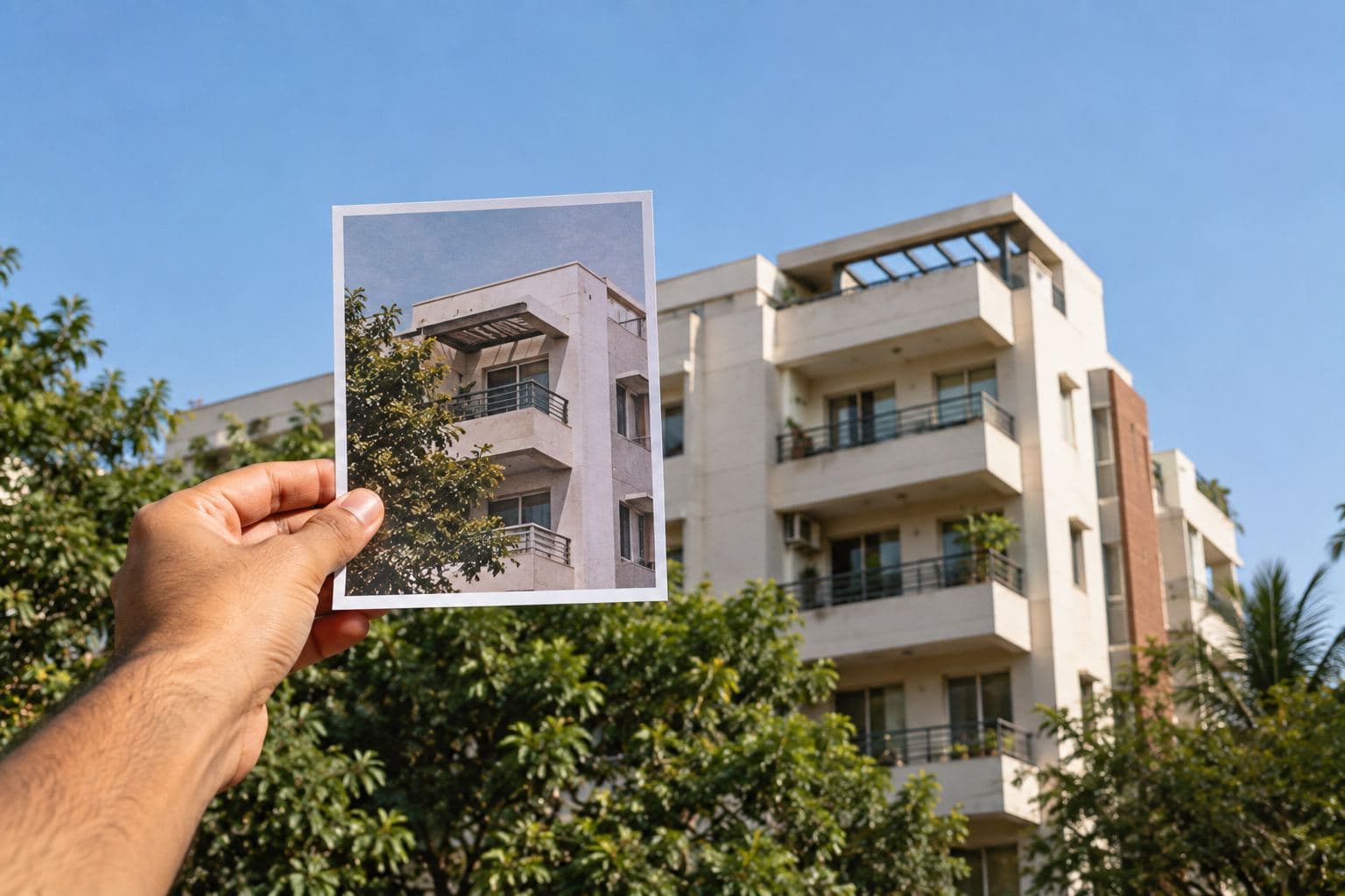 A photo of a building held up against the building itself.