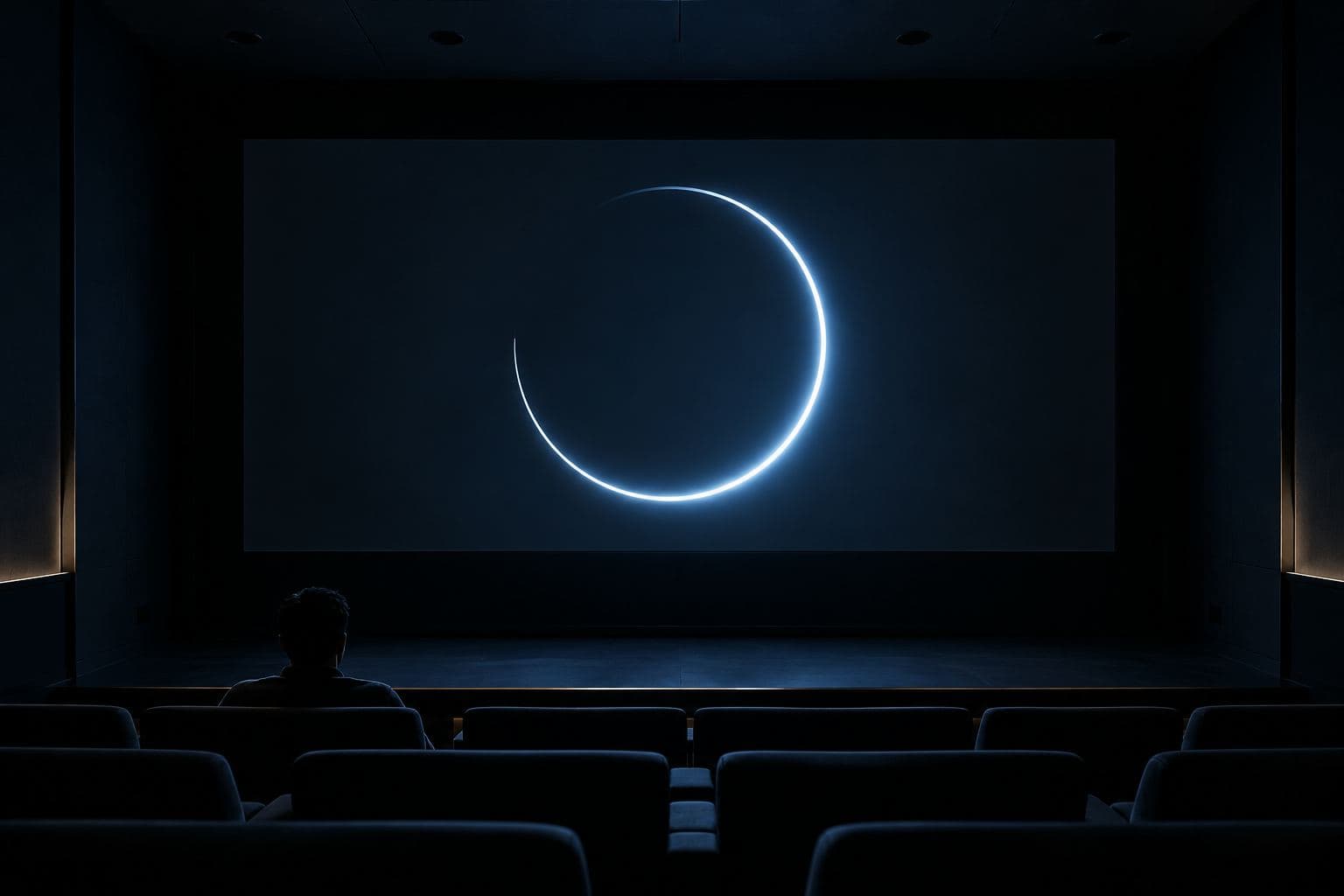 A dark screening room, a glowing ring filling on the screen.