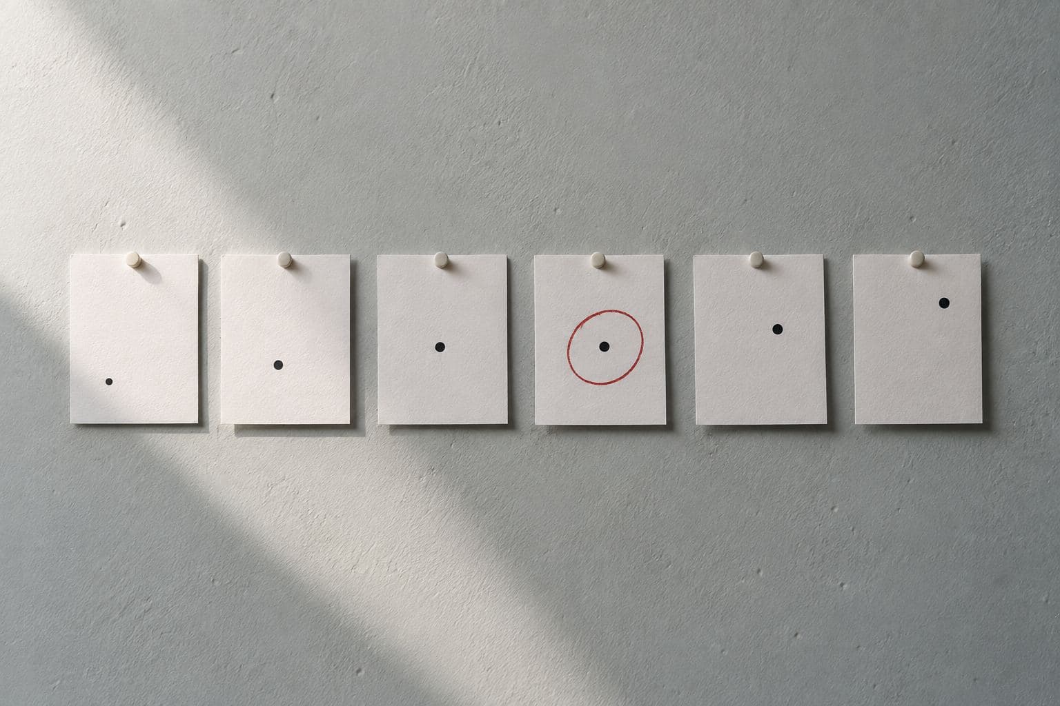 Six cards pinned in a row, a dot moving across them, one card circled.