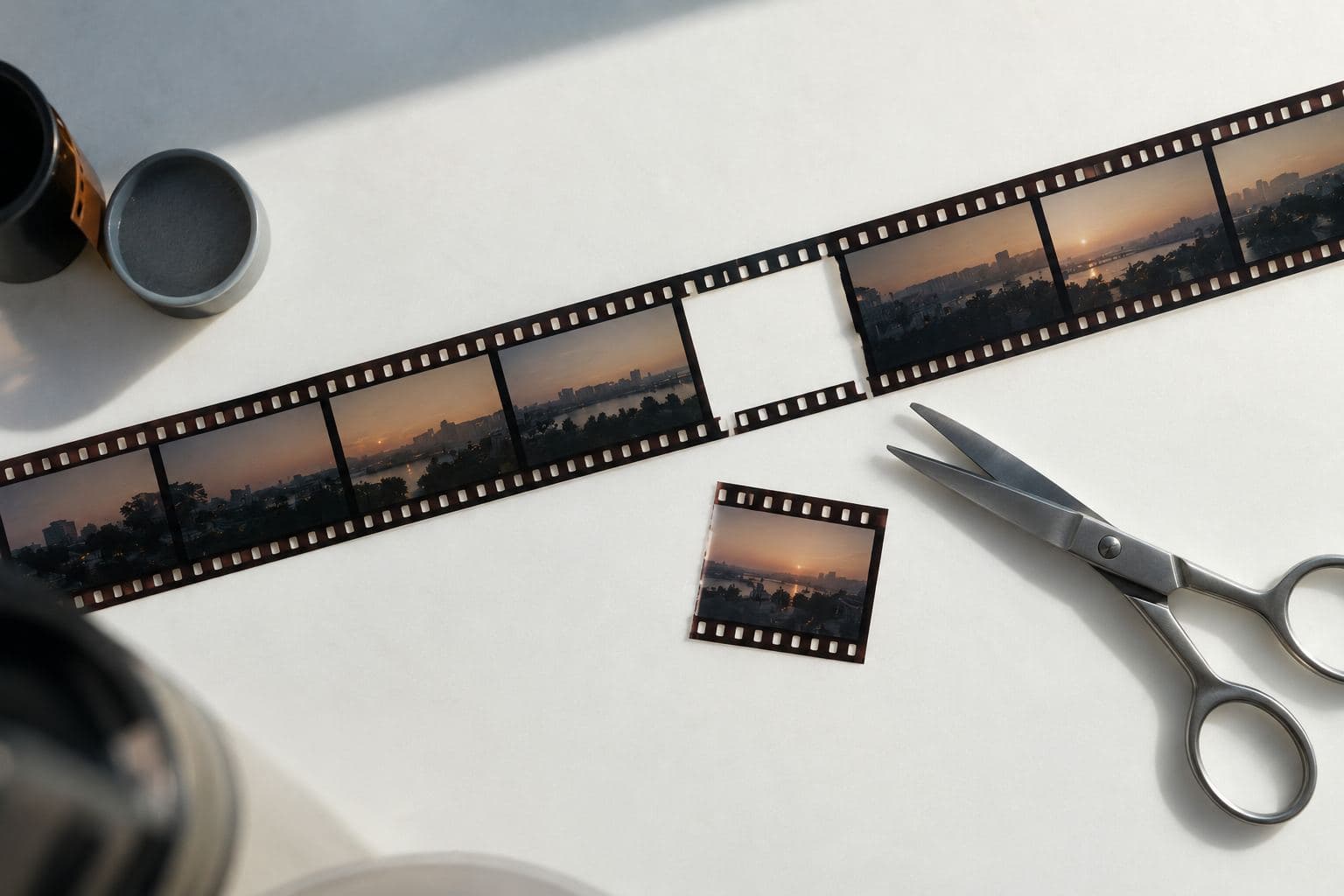 A strip of film with one frame cut out, scissors beside it.