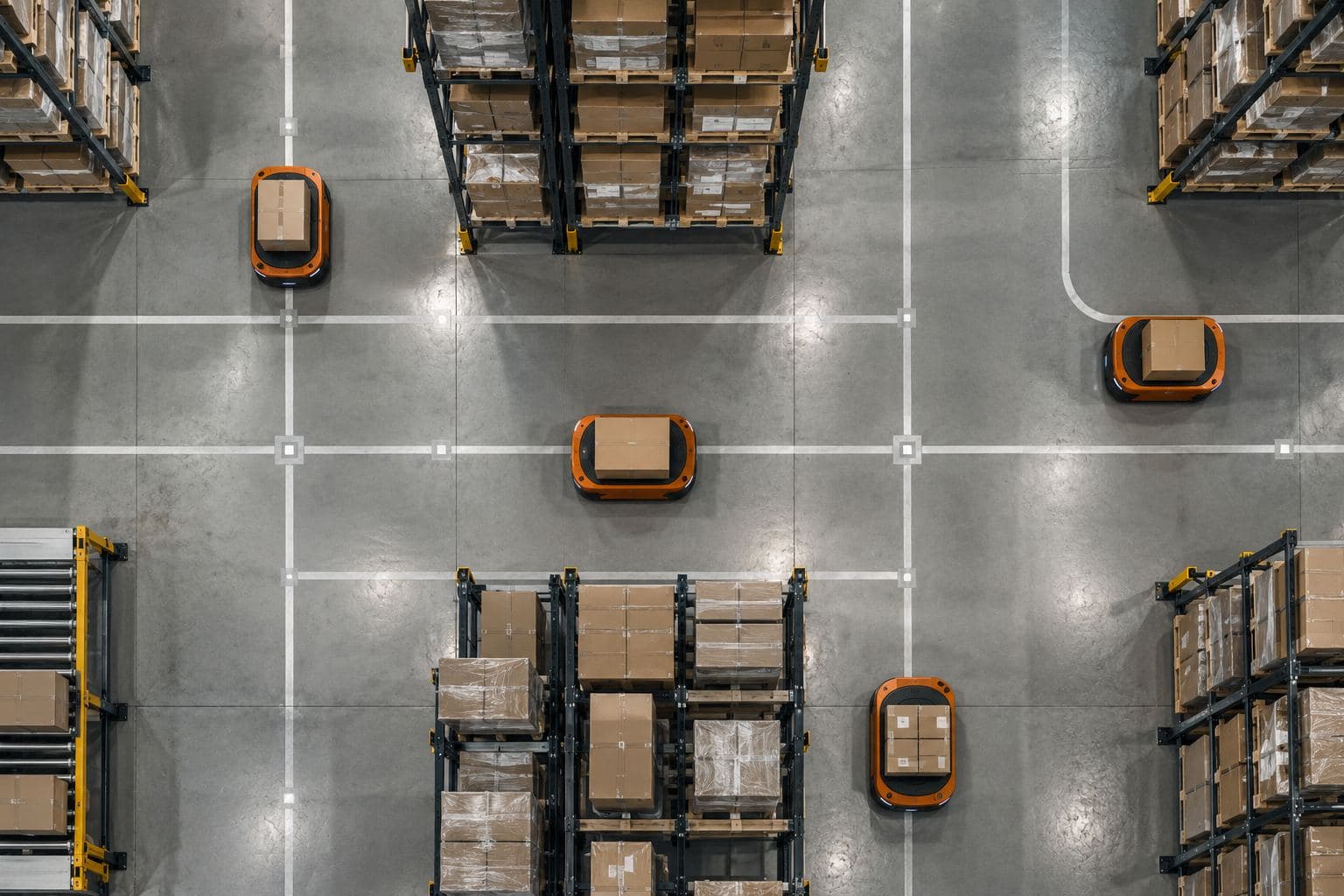 Warehouse robots moving along a floor grid, seen from above.