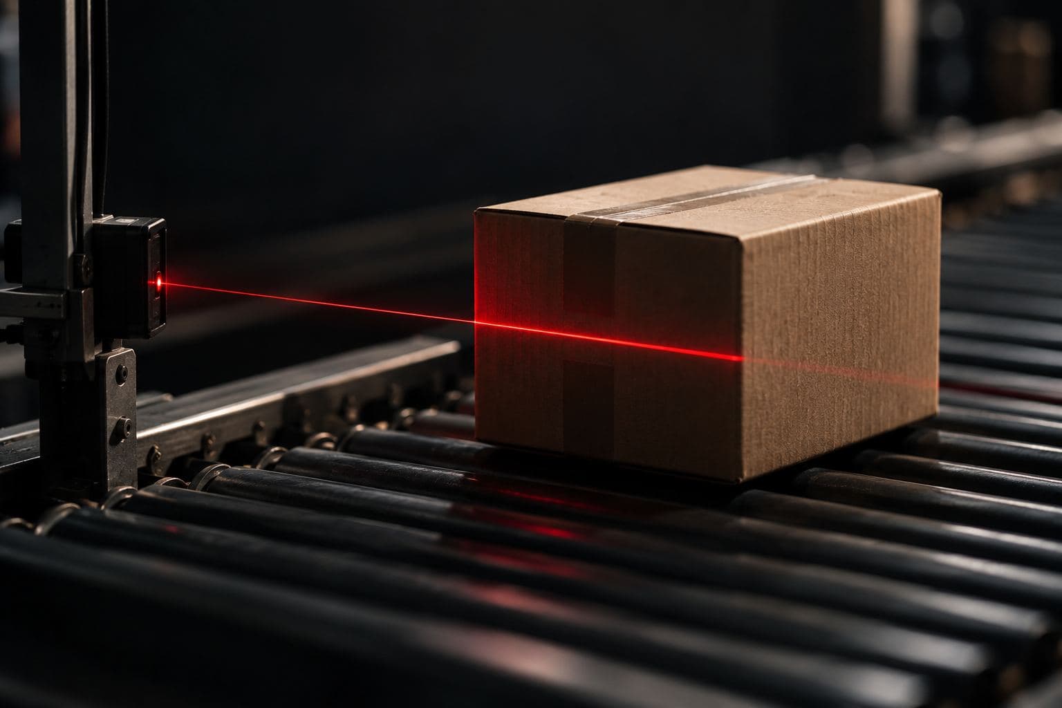 A parcel crossing a red sensor beam on a conveyor.