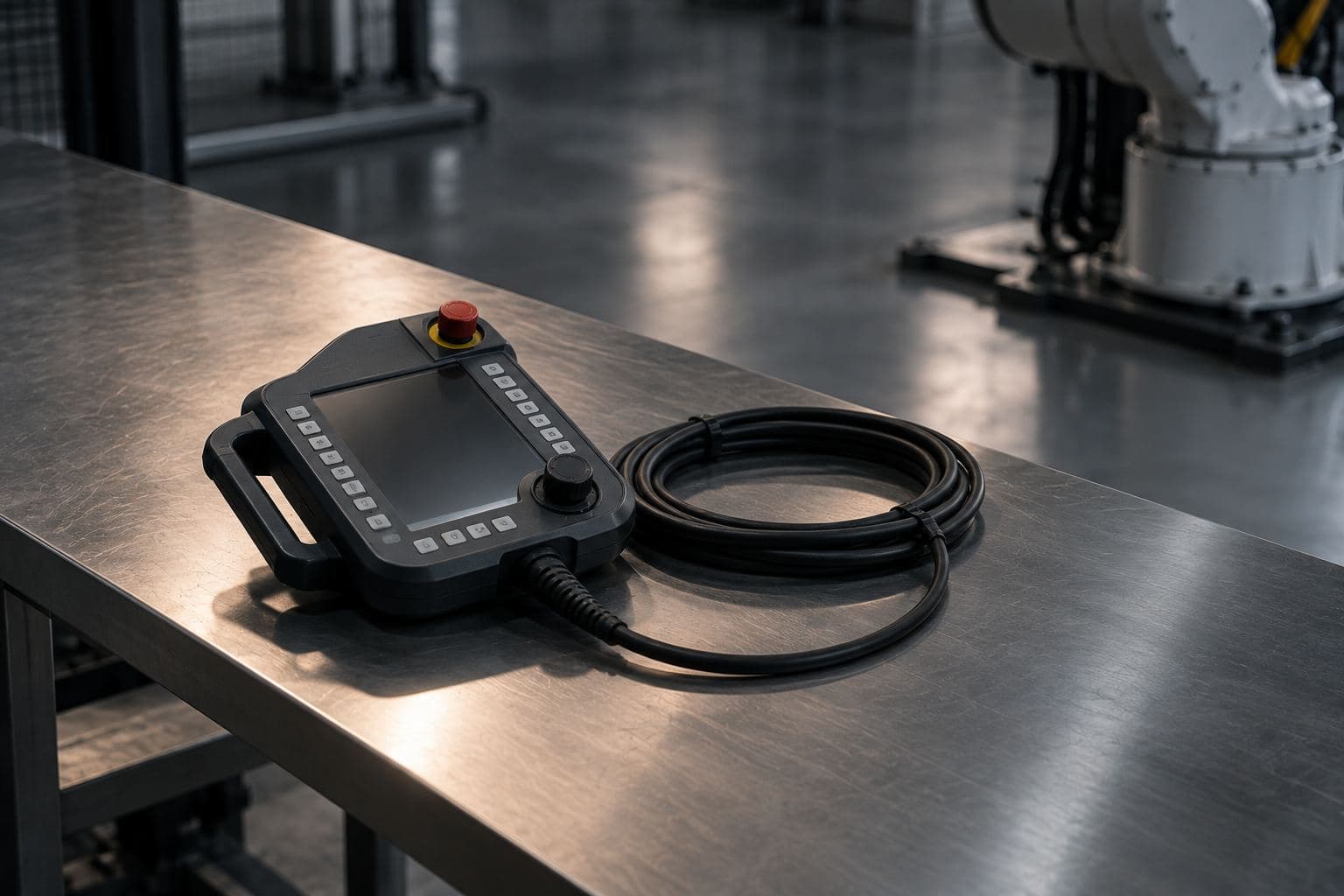A robot controller on a steel bench.