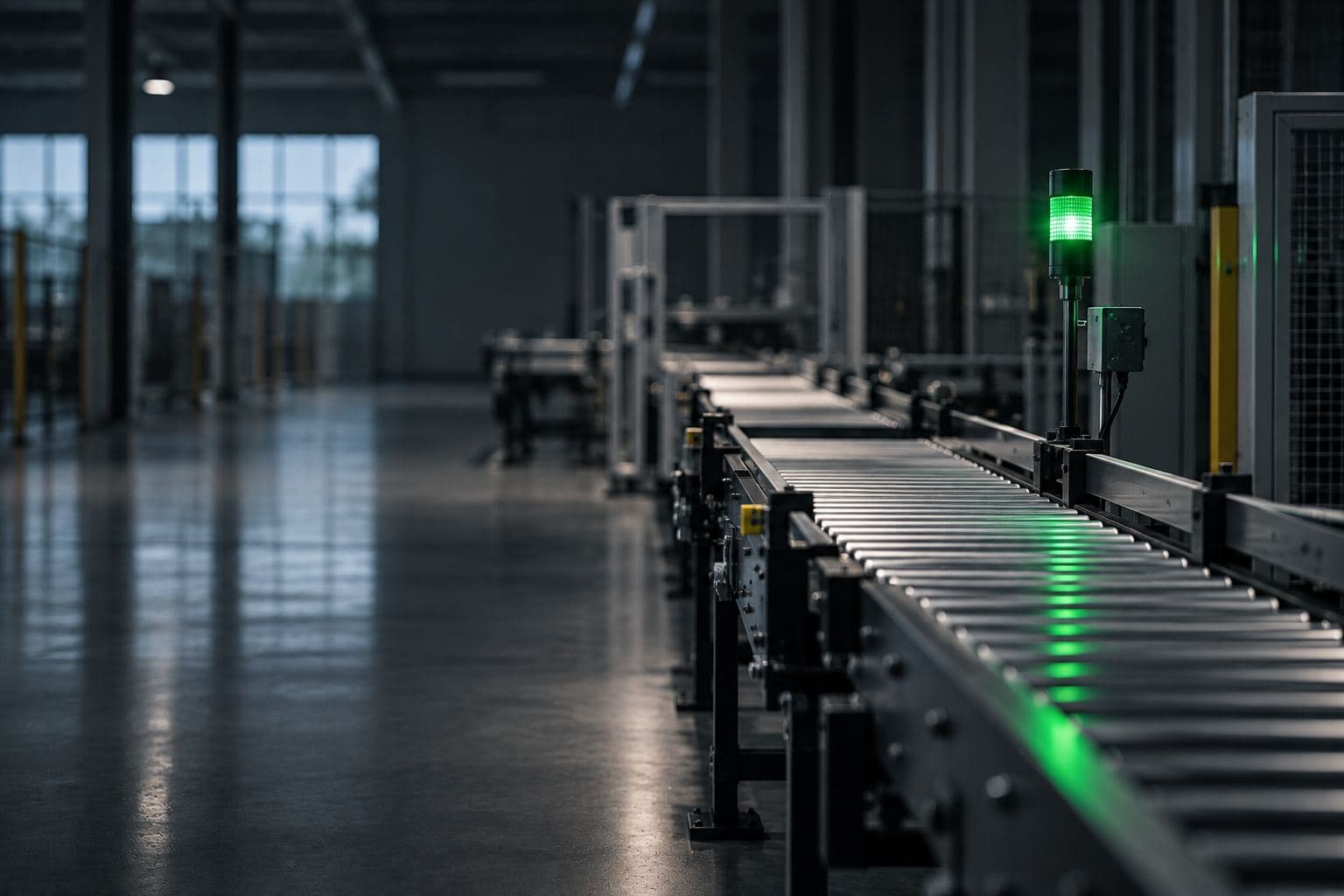 A green light switching on above an empty conveyor.