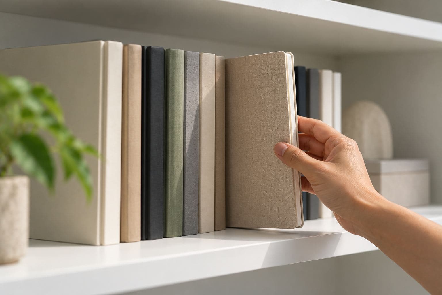 A row of notebooks, one pulled out.
