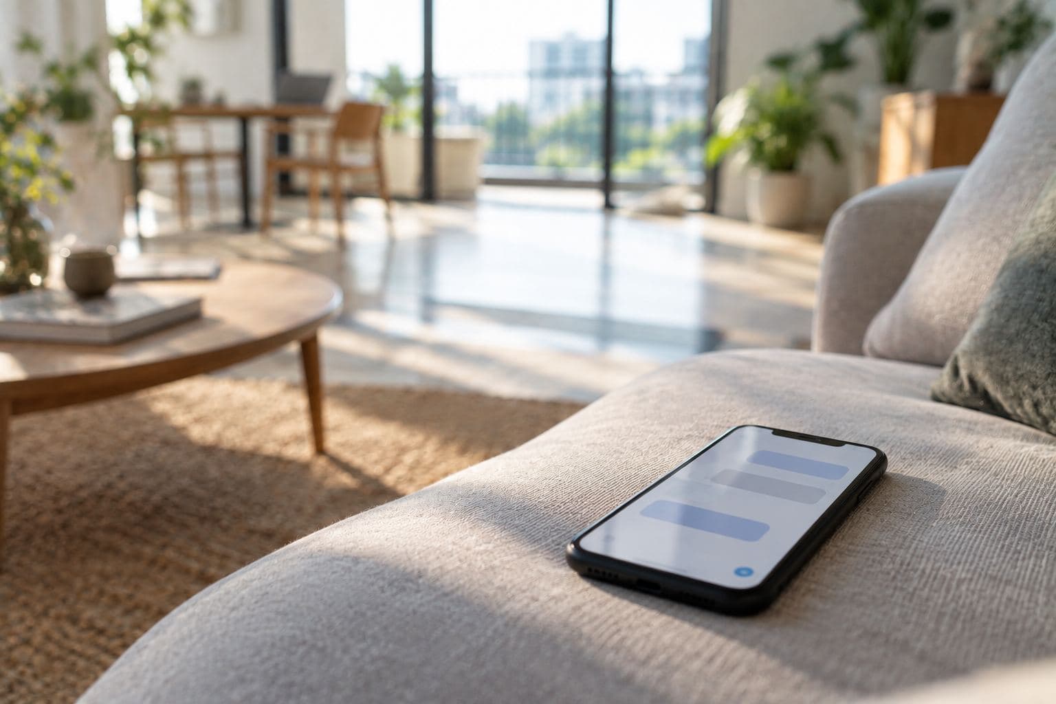 A phone showing a chat, on a sofa in a bright room.