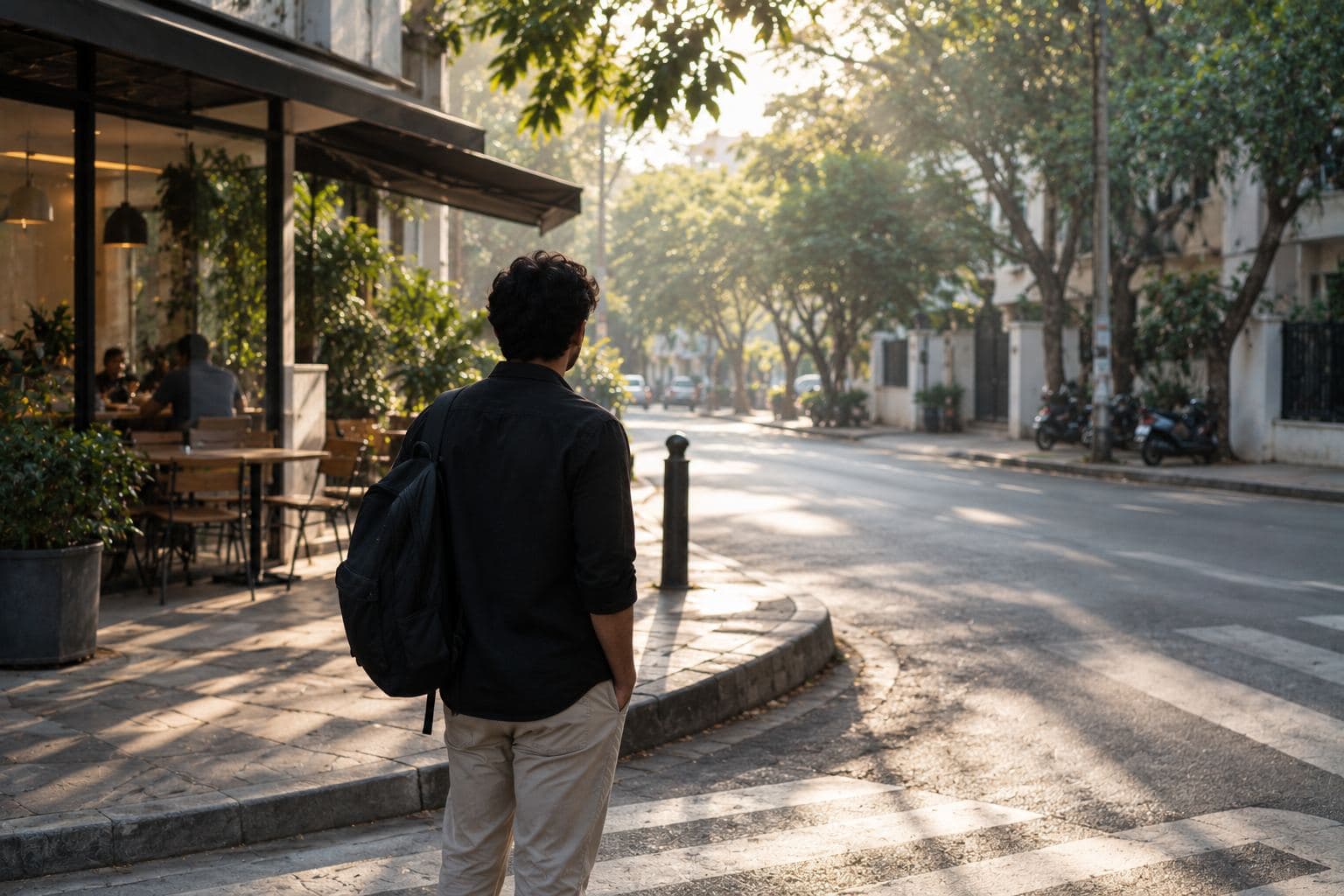 A person at a street corner looking around.