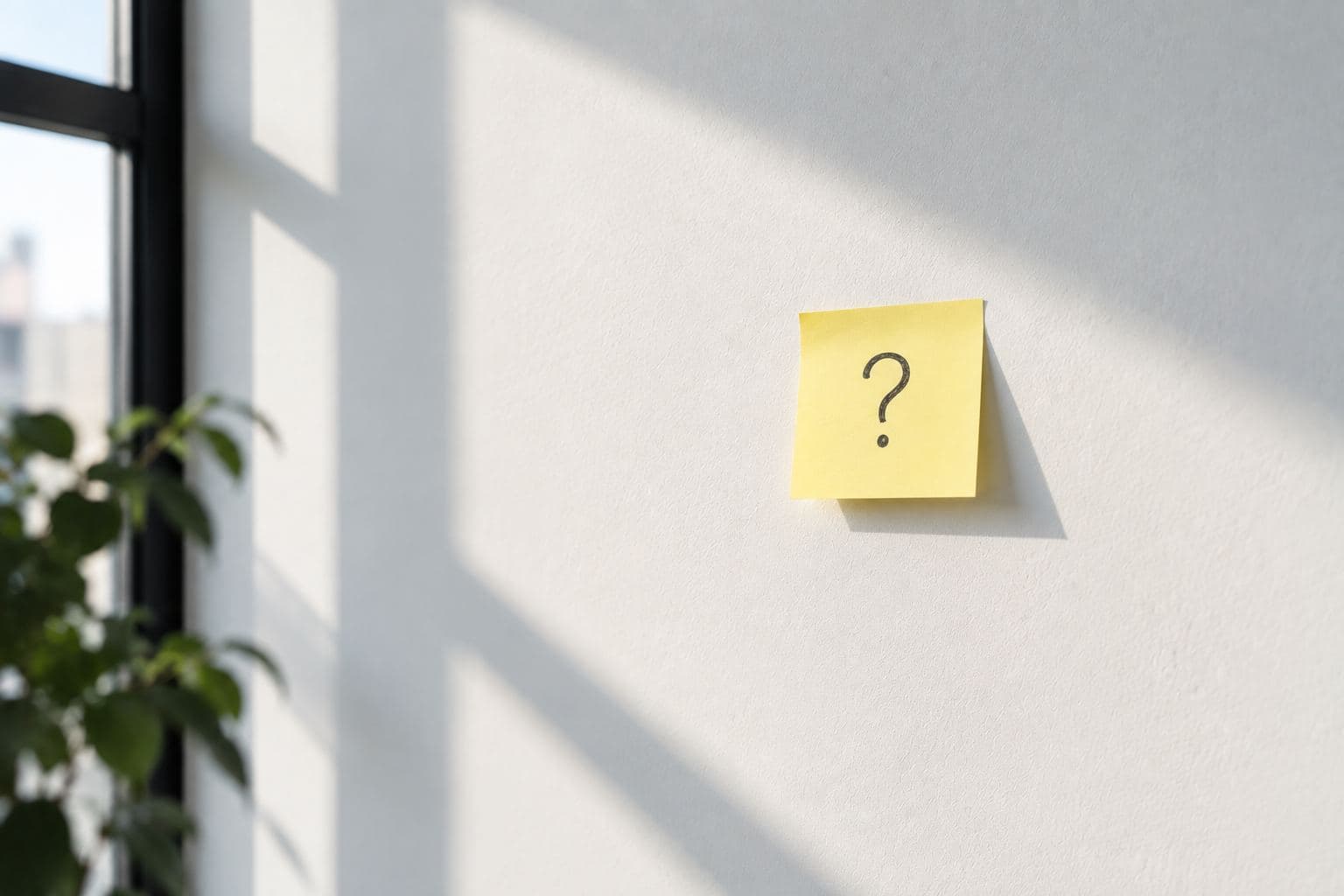 A sticky note with a question mark on a white wall.