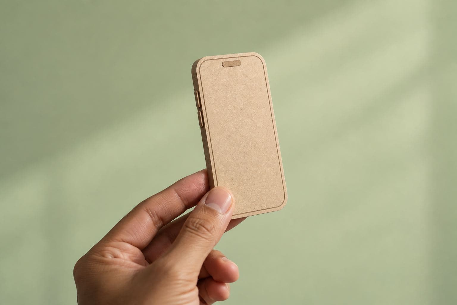 A cardboard phone prototype held between two fingers.