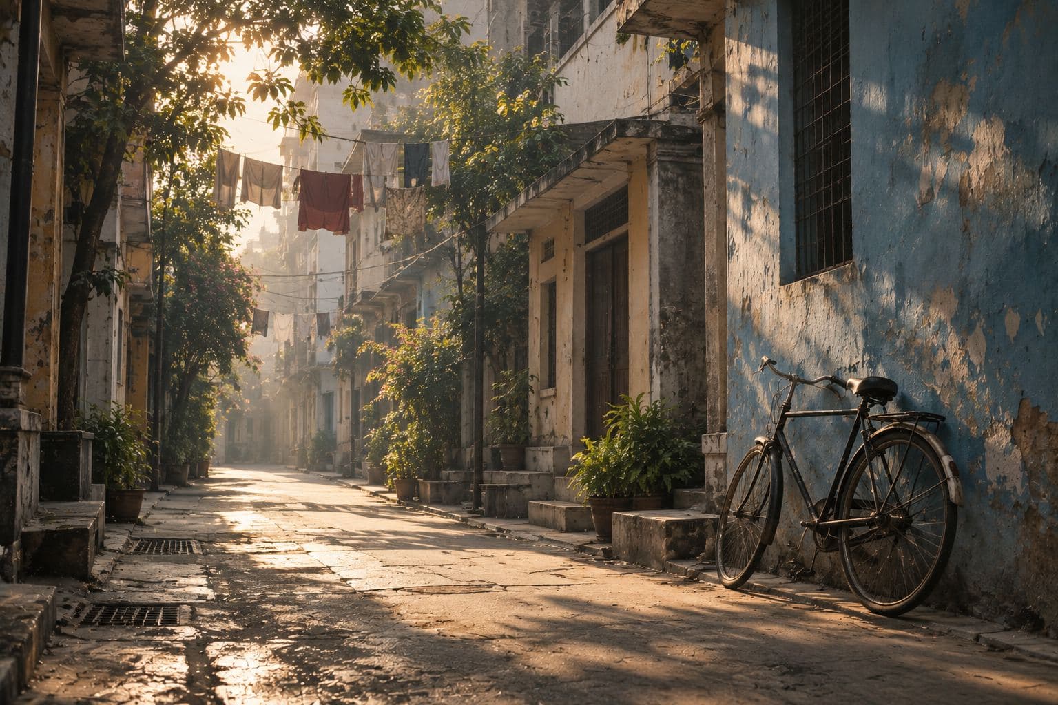 An empty narrow lane in an old city at first light, a single bicycle against a blue wall, soft haze.