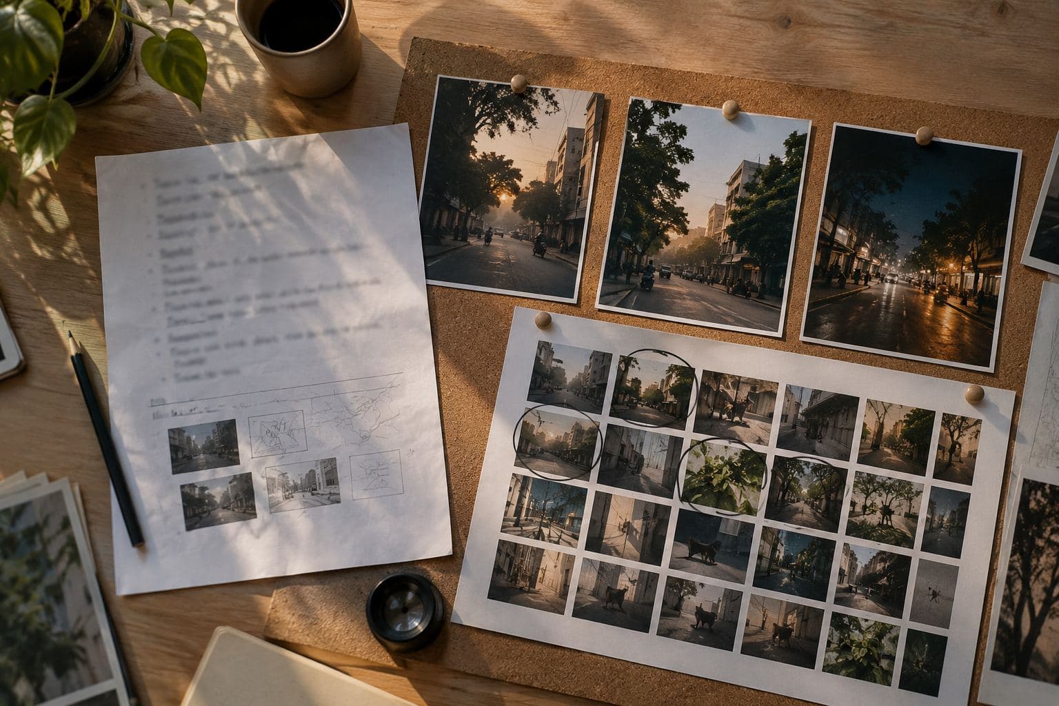 A written brief on a cork board beside reference photographs of a street at dawn and a sheet of small image options.