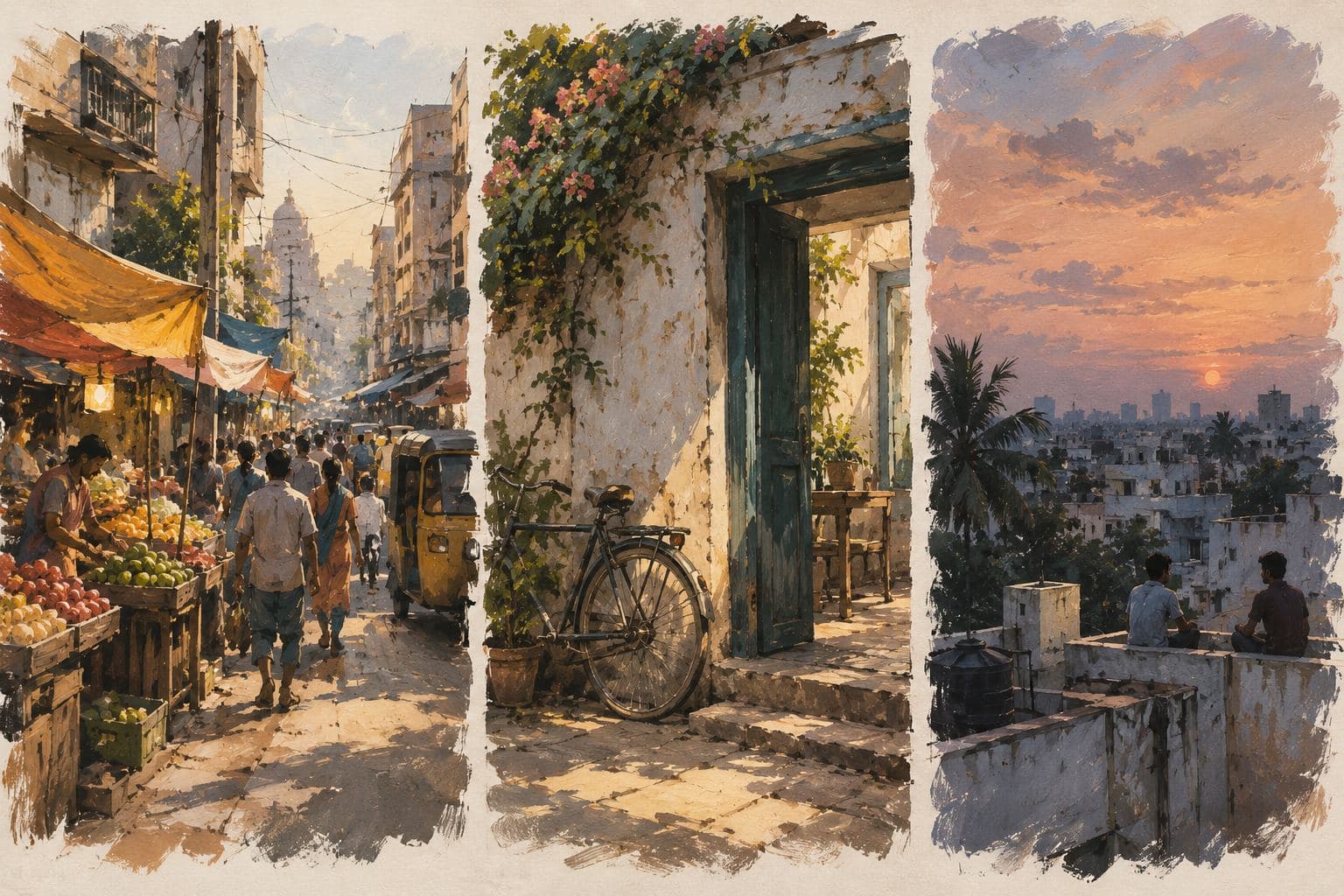 Three loose painted concept frames side by side: a street market, a doorway with a bicycle, a rooftop at dusk.