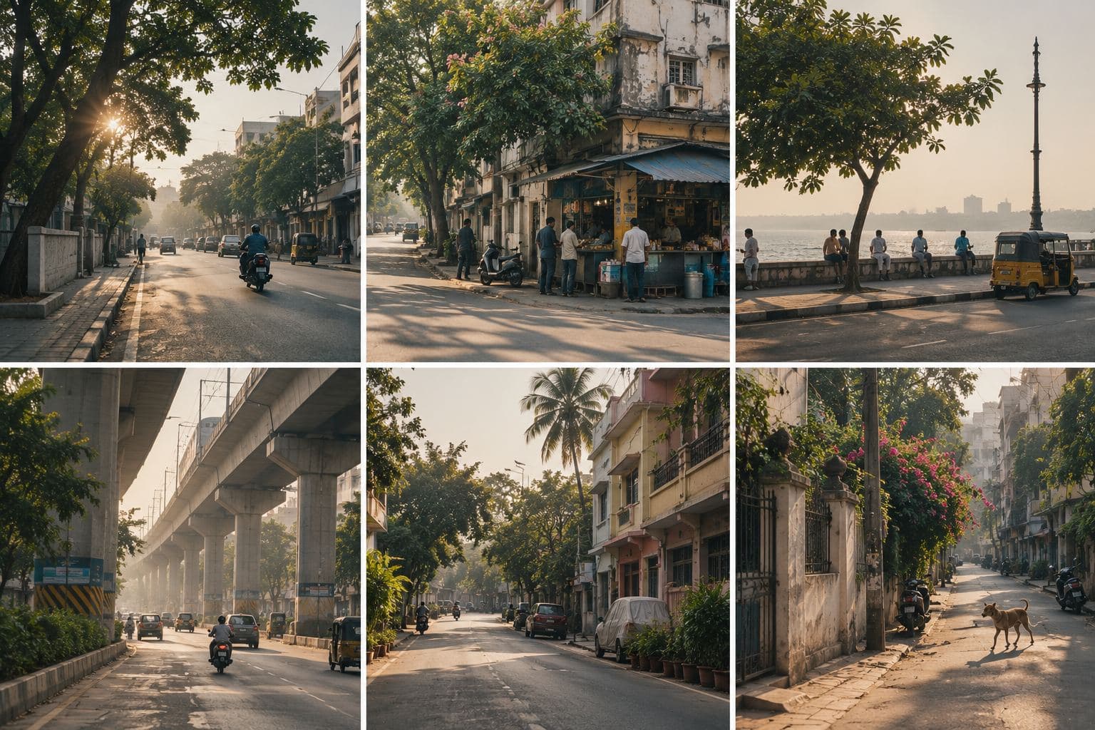Six photographs of different city corners in a grid, all sharing the same morning light, lens and muted palette.