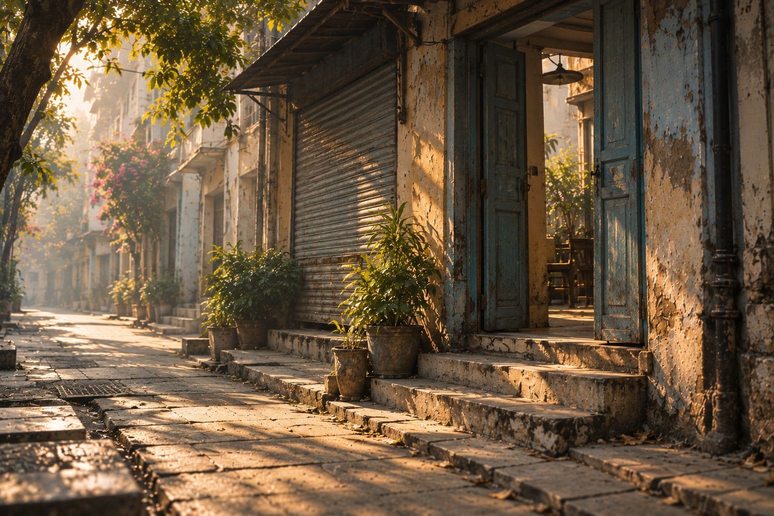 An open doorway on a quiet street in soft morning light, steps worn smooth and a shutter half raised.