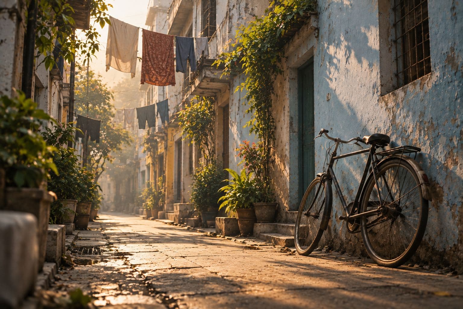 A narrow lane at first light, laundry lines overhead and a bicycle leaning against a blue wall.