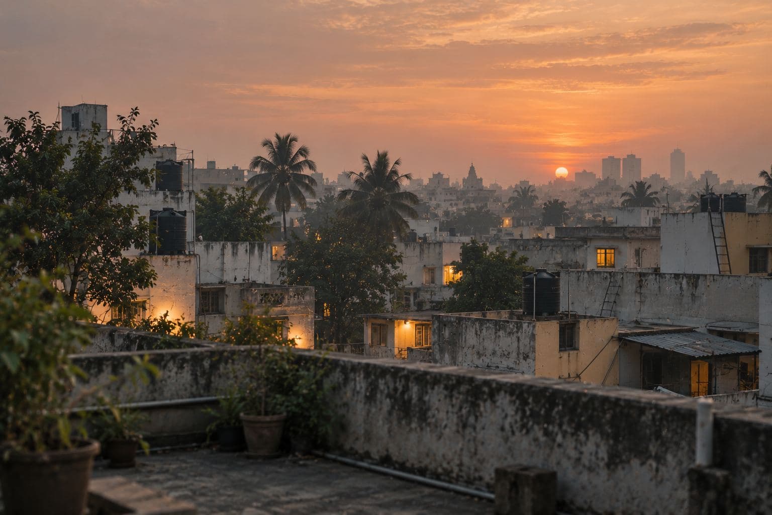 Rooftops, water tanks and trees at dusk, a few windows just beginning to glow.