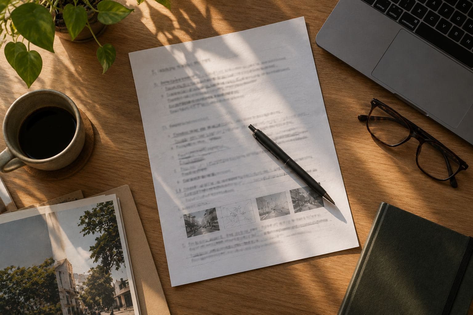 A printed page of writing on a clean desk with a pen laid across it, seen from above.