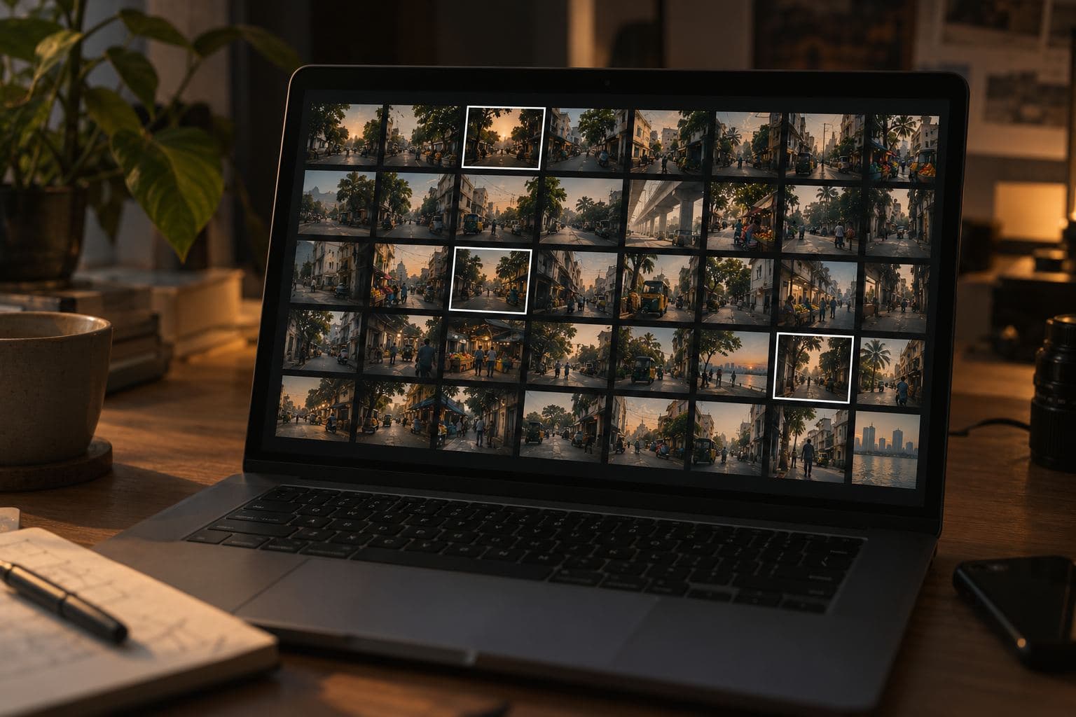 A laptop screen filled with a grid of small image thumbnails, three of them outlined as picks.