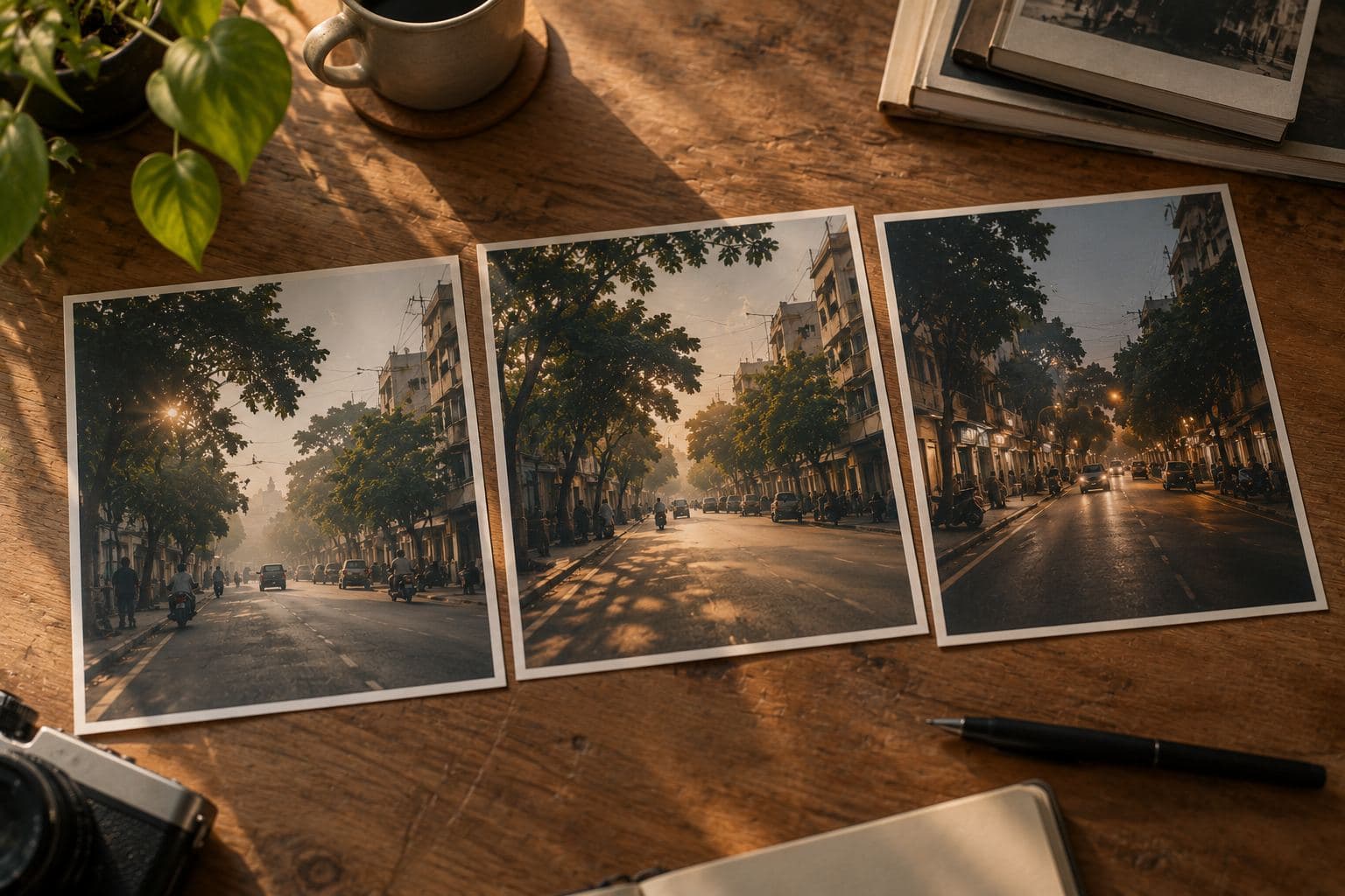 Three photographs of the same street laid in a row on a table, all matched to one warm, muted grade.