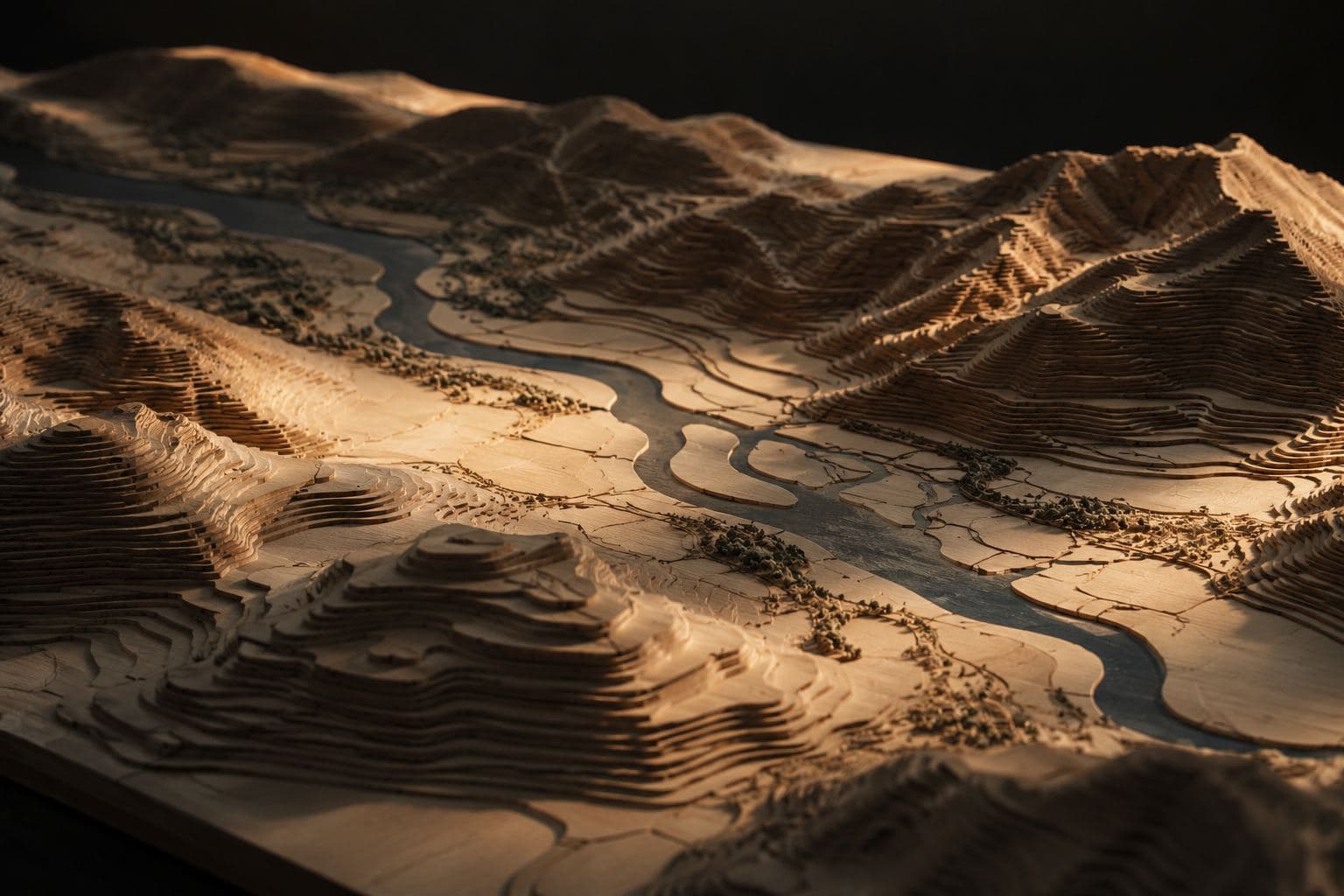 A wooden relief map of hills and a valley in raking light.