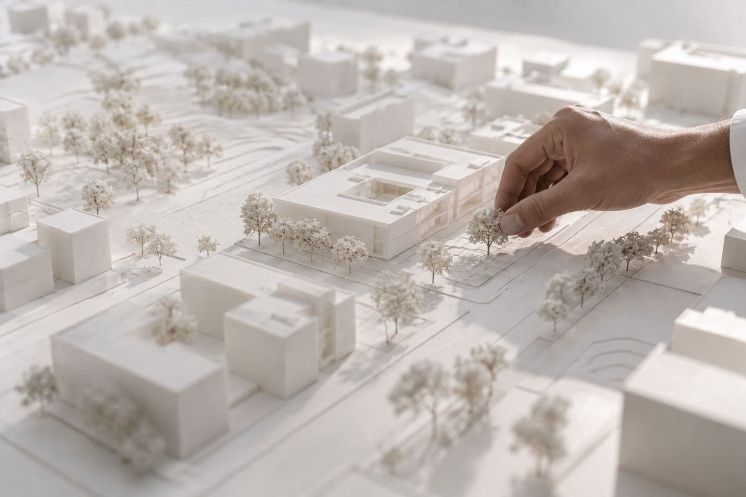 A hand placing a tree on a white scale model of a neighbourhood.