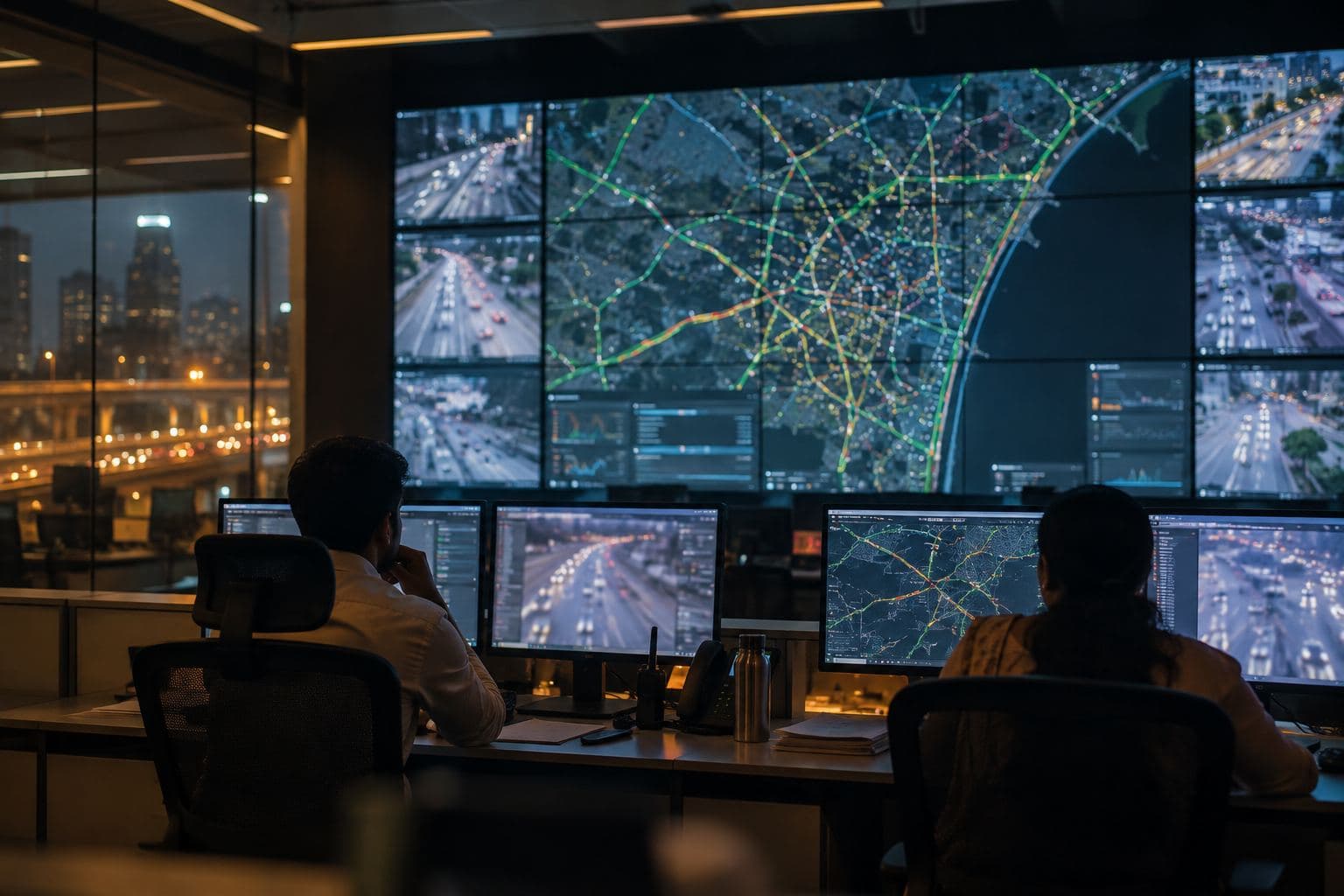 Two operators seen from behind in a traffic control room.