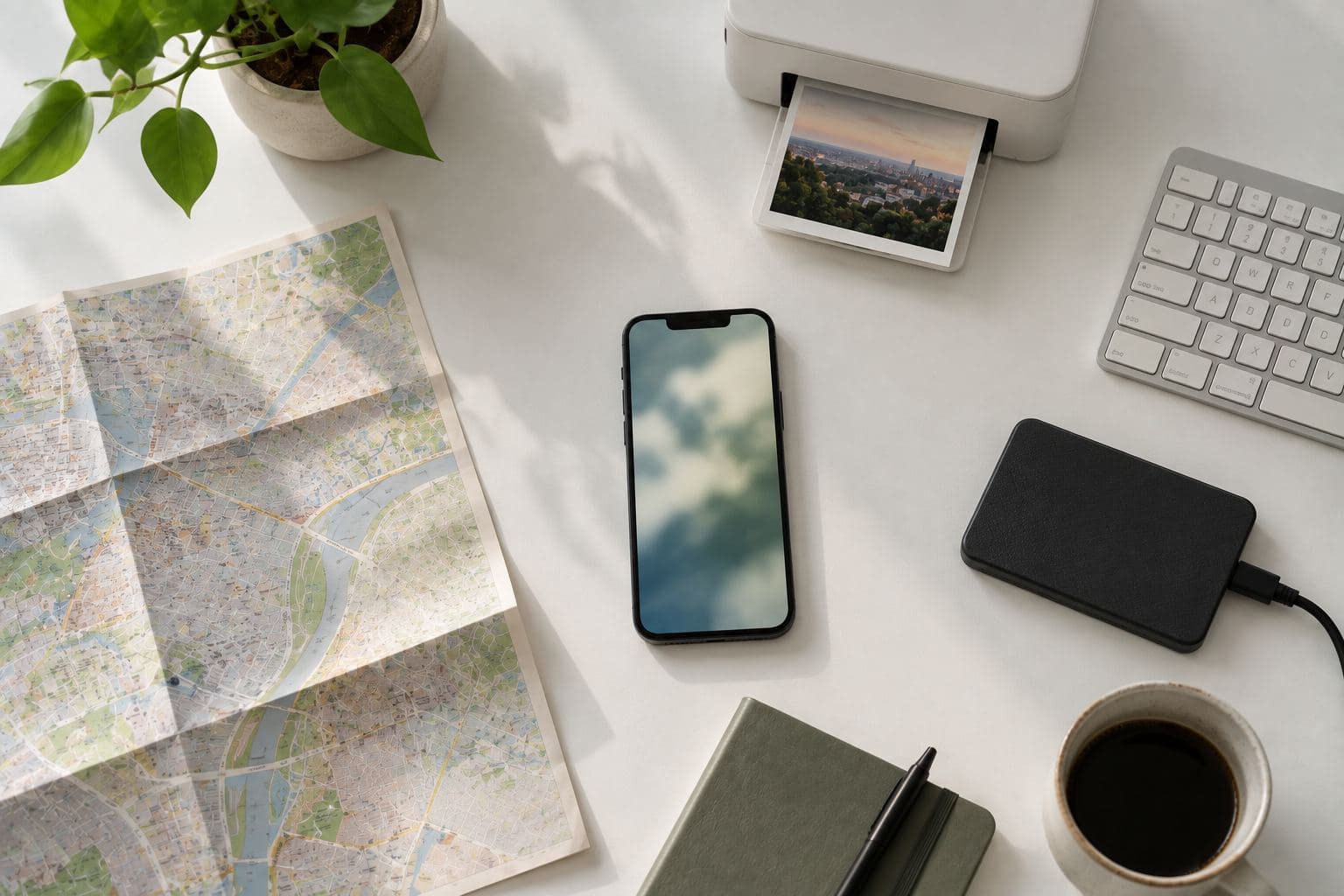 A phone surrounded by a map, printer, keyboard and hard drive.