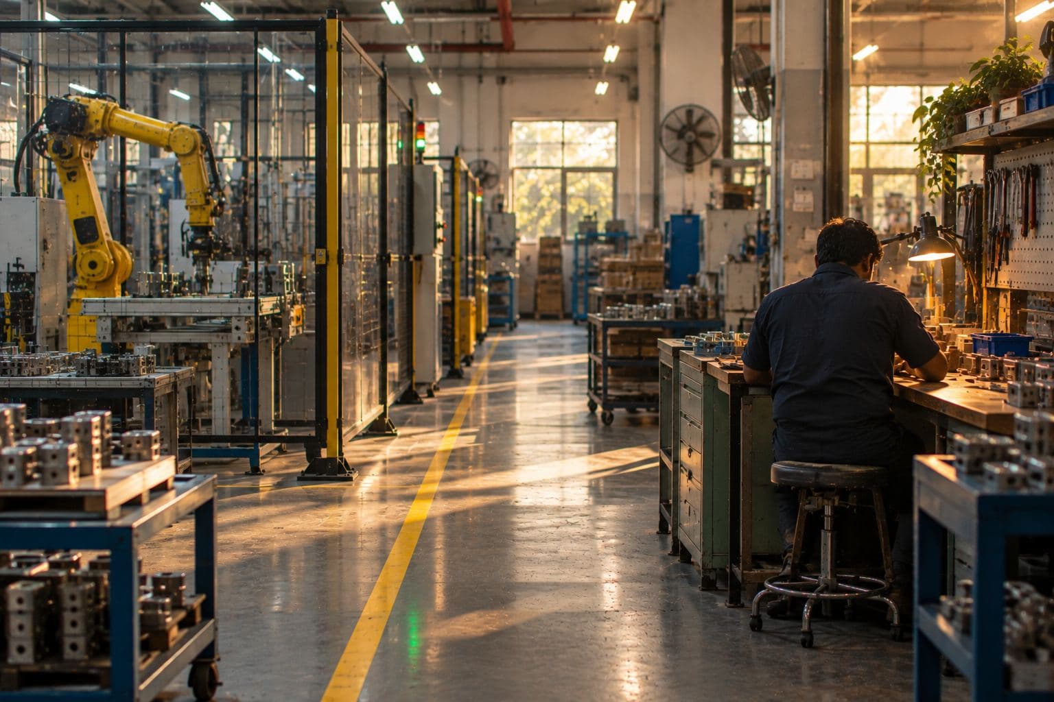 A painted line separating a machine area from a hand workbench.