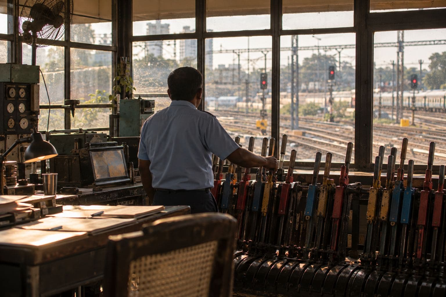A signal operator at a row of levers in a railway signal box.