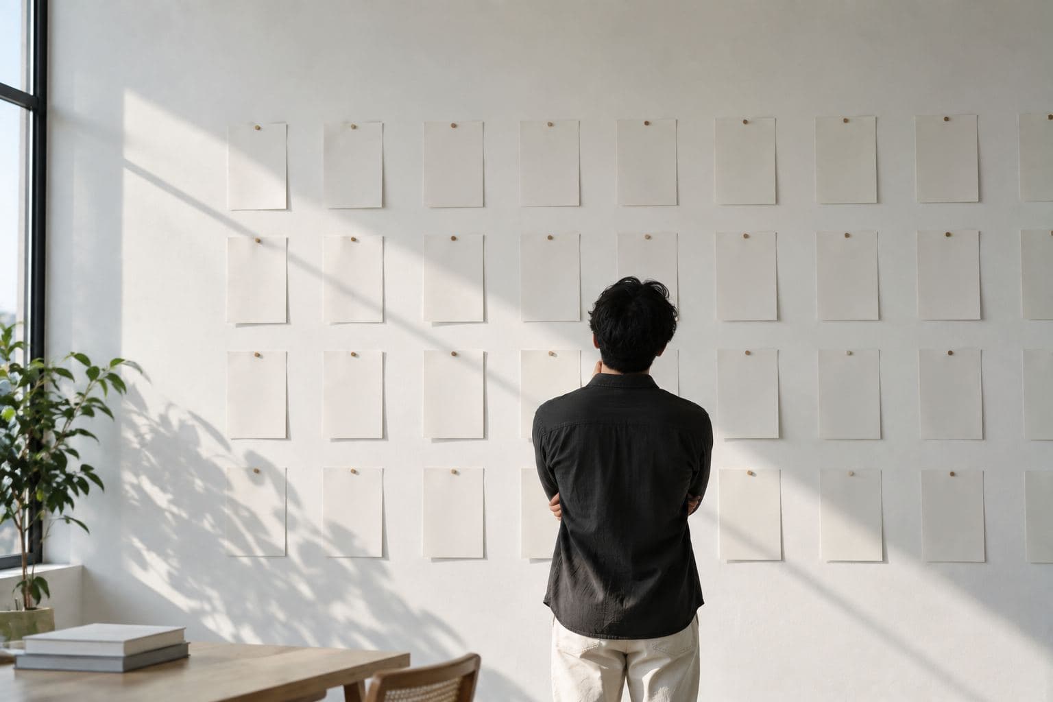 A person looking at a wall of cards pinned in rows.