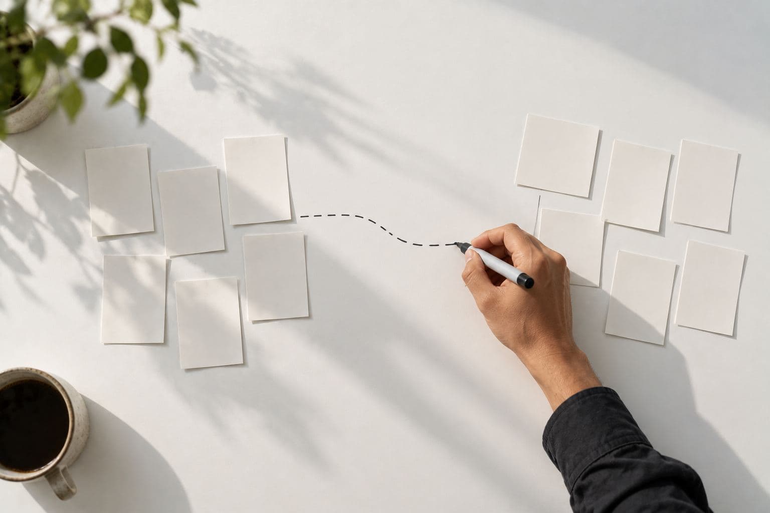 A hand drawing a dashed line between two groups of cards.