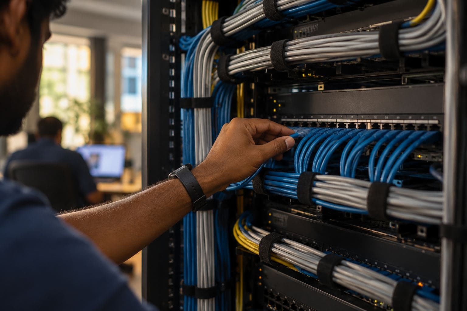 A hand connecting a cable into a neat patch panel.