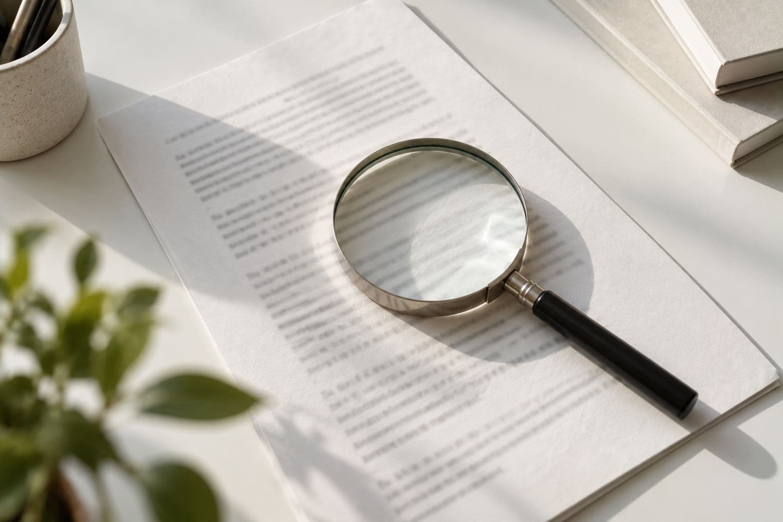 A magnifying glass over a printed page.